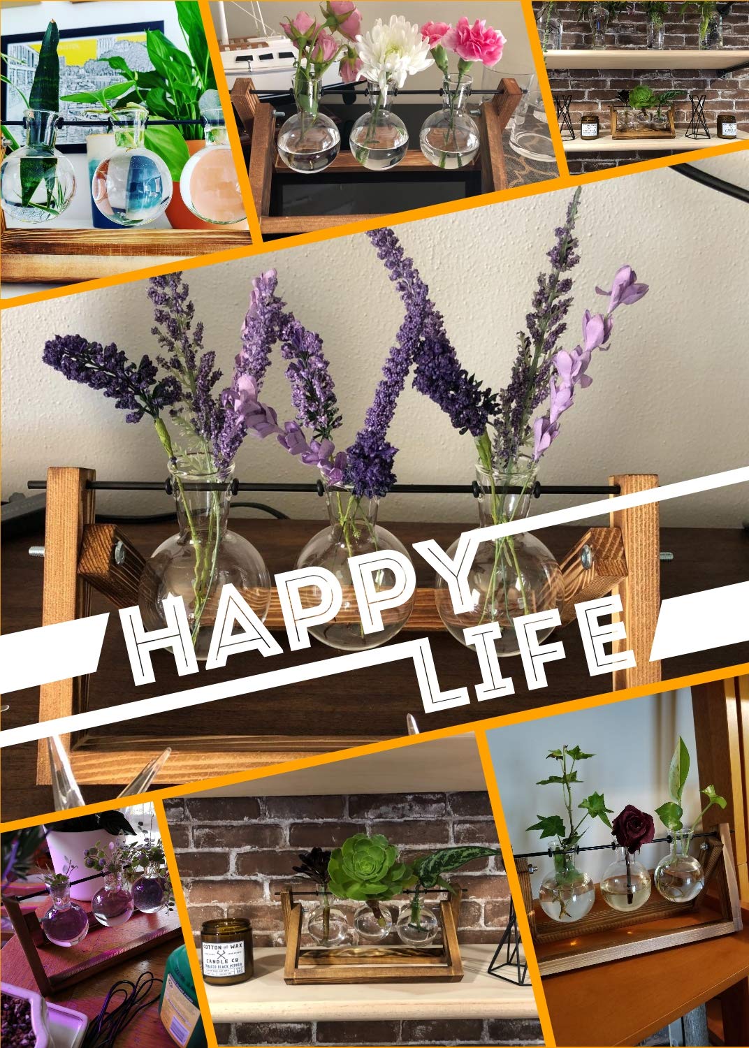 Hyindoor Propagation Station Vermehrungsstation für Pflanzen Hydroponik Blumenvase Glasvase Mit Holzständer Vintage Dekovase Tischvase für Hause Büro Wohnzimmer, 3 Glühbirnen
