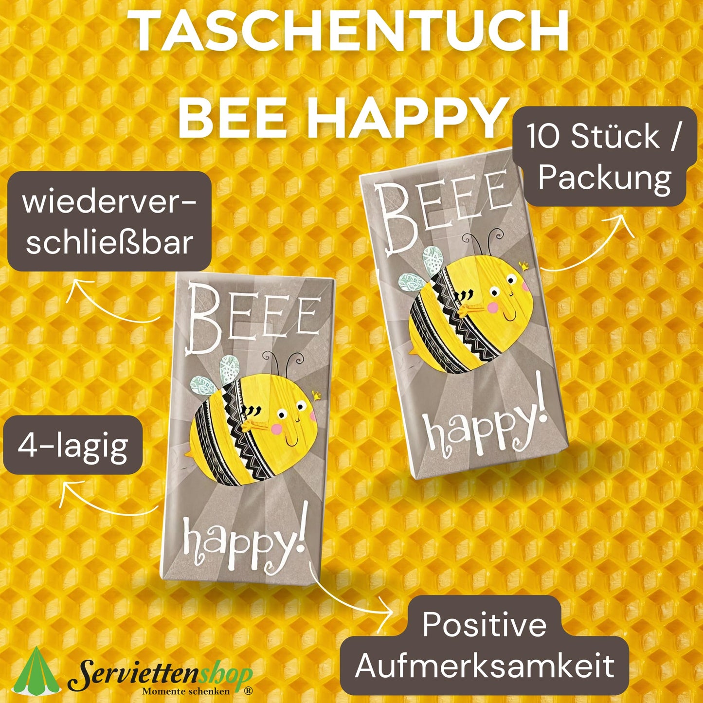 20 Taschentücher bedruckt (2 Packungen mit 10 Taschentücher) Packung mit Taschentuch Biene bedruckt Beee happy für Kinder und Erwachsene Papiertaschentücher Einweg wiederverschliessbar