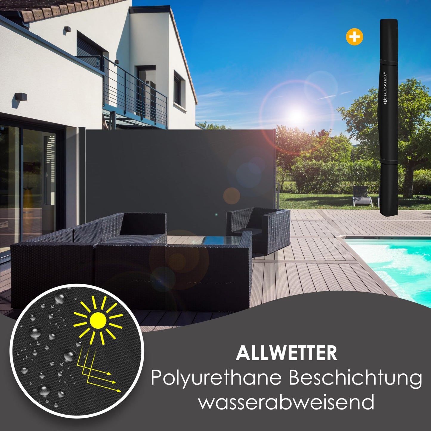 KESSER® Seitenmarkise ausziehbar Markise 180 x 300 cm Blickdicht Sichtschutz & Windschutz für Garten Balkon & Terrasse, Seitenrollo mit Wandhalterung, inkl. Wettercover Dunkelgrau