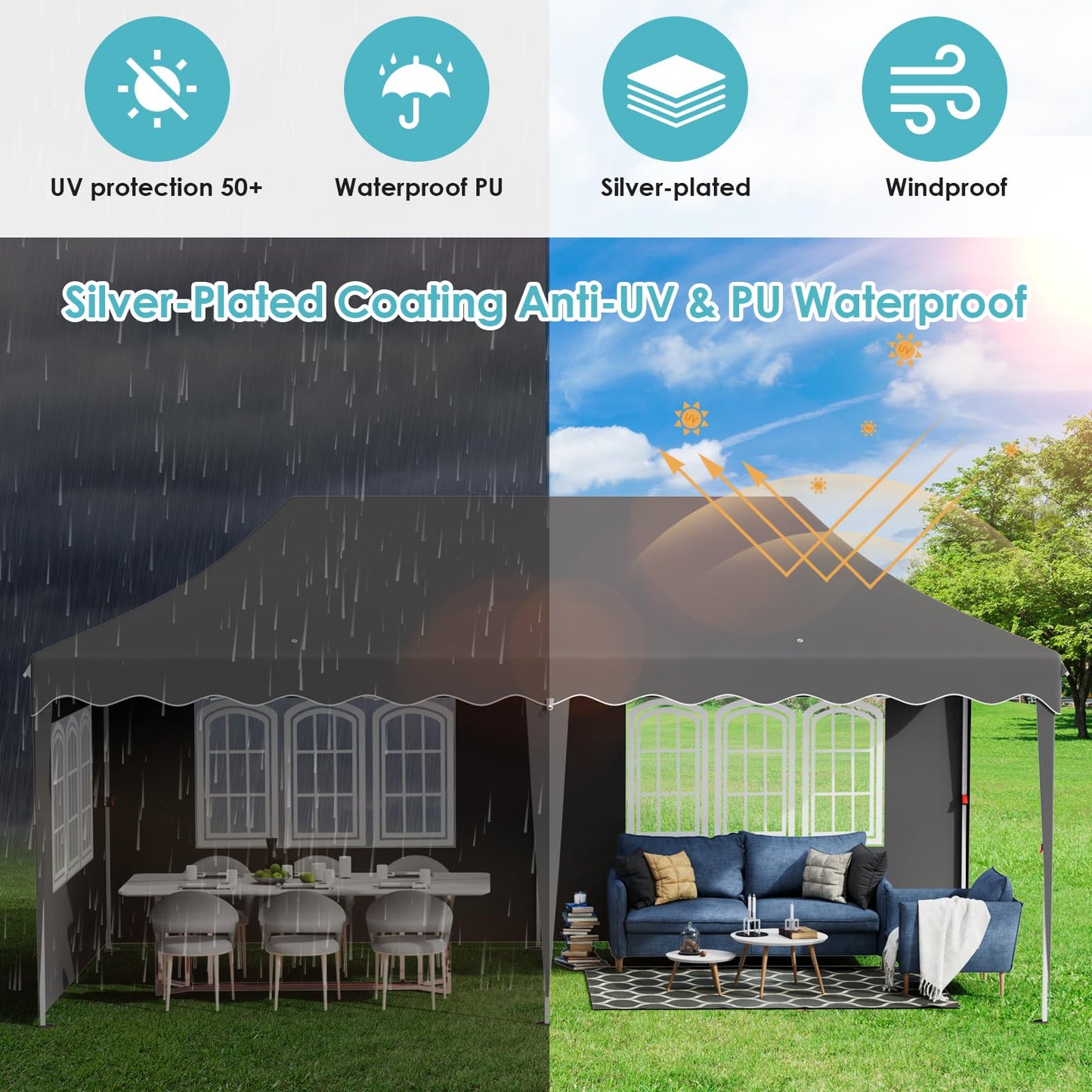 Pavillon 3x6 mit 6 Seitenwänden, Faltpavillon 3x6 Wasserdicht Stabil Winterfest, Faltbar Partyzelt 3x6,UV Schutz 50+ Gartenpavillon,6 Sandsäcke 12 Erdhaken,für Markt,Hochzeiten,Patio (Grau)
