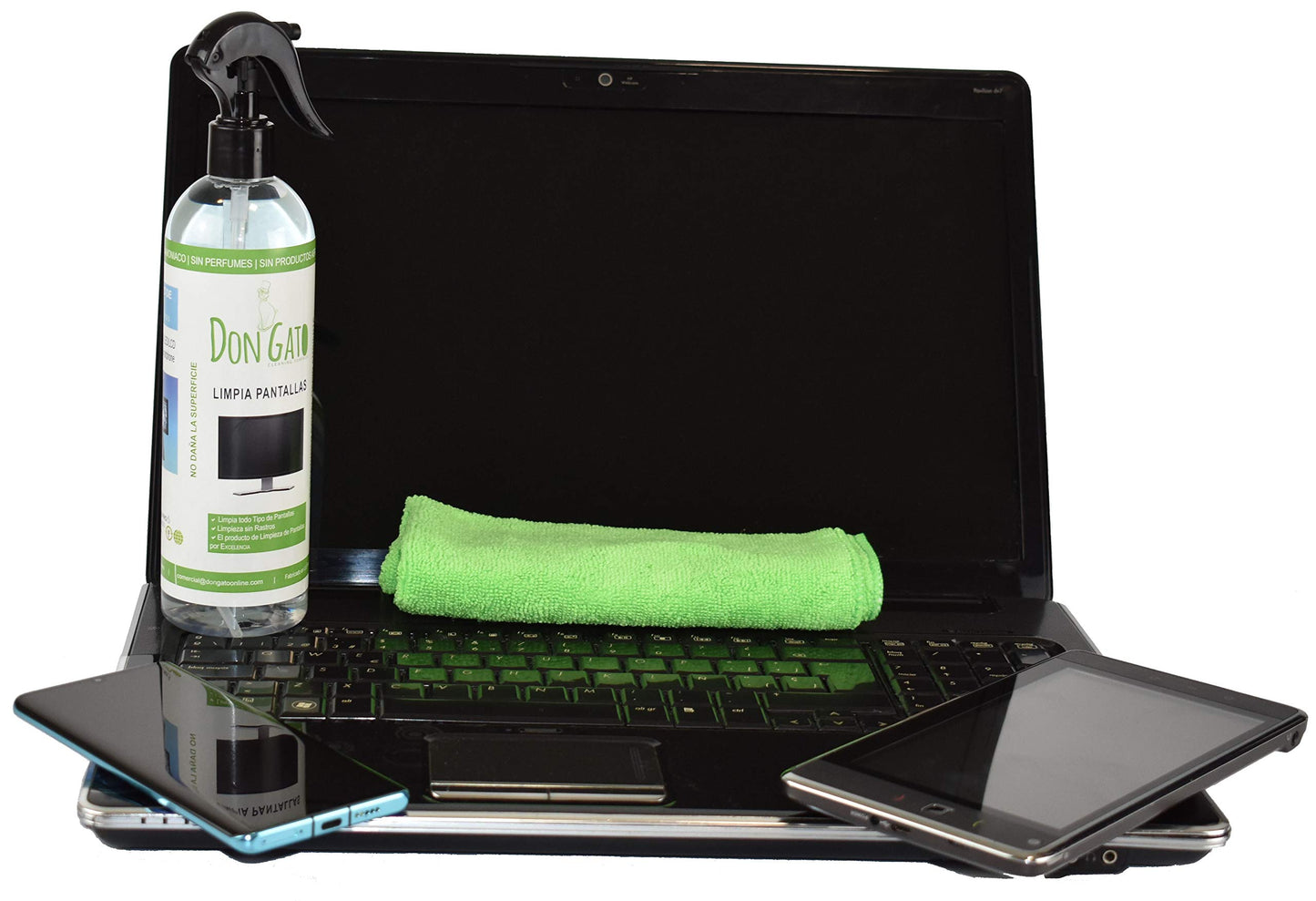 Don GATO - Bildschirmreiniger-Set und 2 Mikrofasertücher (500ml) für Fernseher, Tablets, Computer, Laptops und Mobiltelefone. Hergestellt aus Natúrlichen Produkten und Umweltbewusst