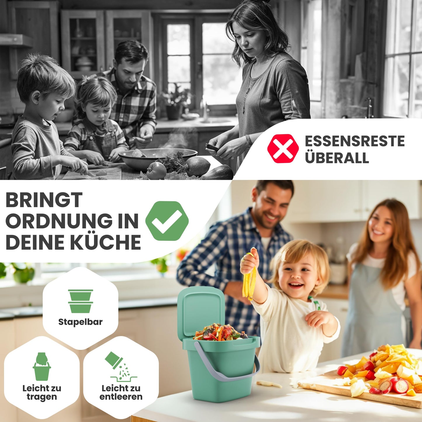 Fabigreen Biomülleimer Küche 3L inkl. Schwammtuch (2er Set) - Made in EU - Komposteimer Küche für Biomüll Behälter - geruchsdichter Bio Mülleimer klein mit Deckel Bio Eimer (Grün (3L))