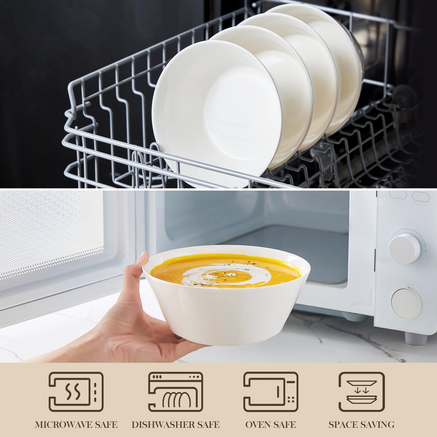 MALACASA Serie REG, Salatschüssel Set, Suppenschalen, 970ML Müslischale Groß, Suppenschalen mit Breitem Durchmesser, Schüssel Set aus Porzellan, Ramen Schüssel, Weiß, 4er Pack