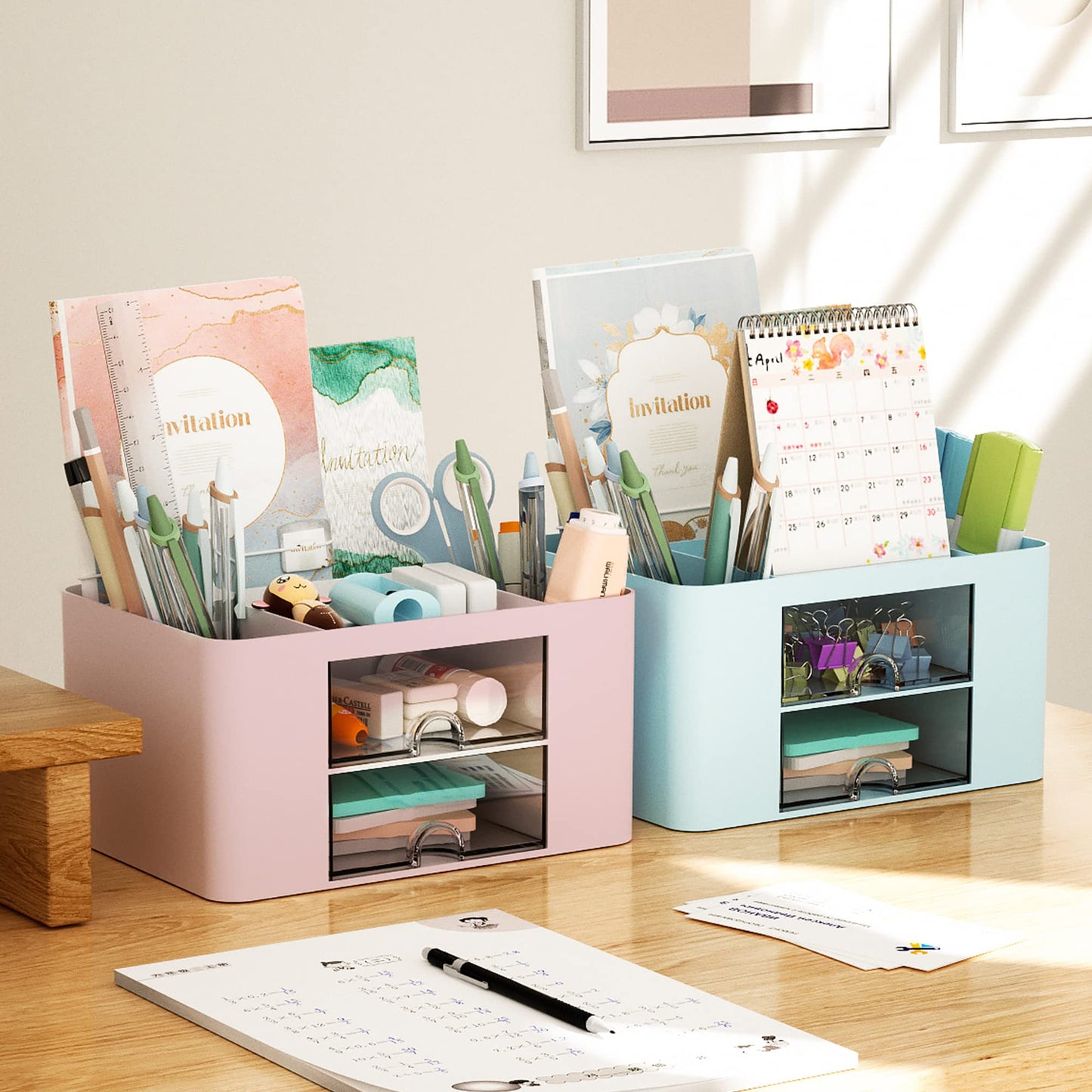 Marbrasse Schreibtisch Organizer mit Schubladen,Multifunktional Stiftehalter Schreibtisch mit 7 Fächer 2 Schubladen,Büro Organizer Schreibtisch und Zubehör (Blau)