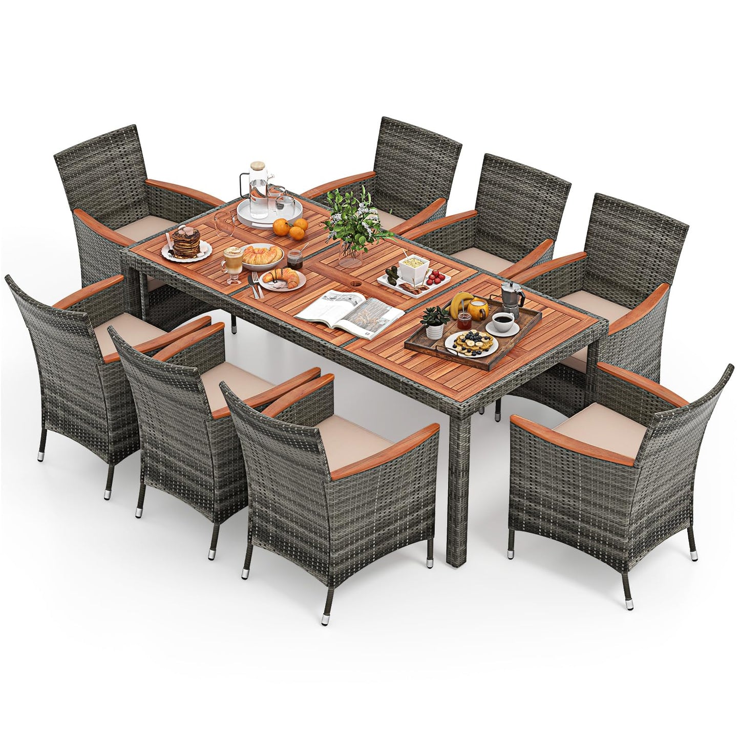 COSTWAY 9 TLG. Rattan Gartenmöbel Set, Sitzgruppe für 8 Personen, Gartentisch mit Tischplatte aus Akazienholz, 8 stapelbare Stühle & Kissen, Terrassenmöbel Set, Gartengarnitur, Sitzgarnitur, Essgruppe