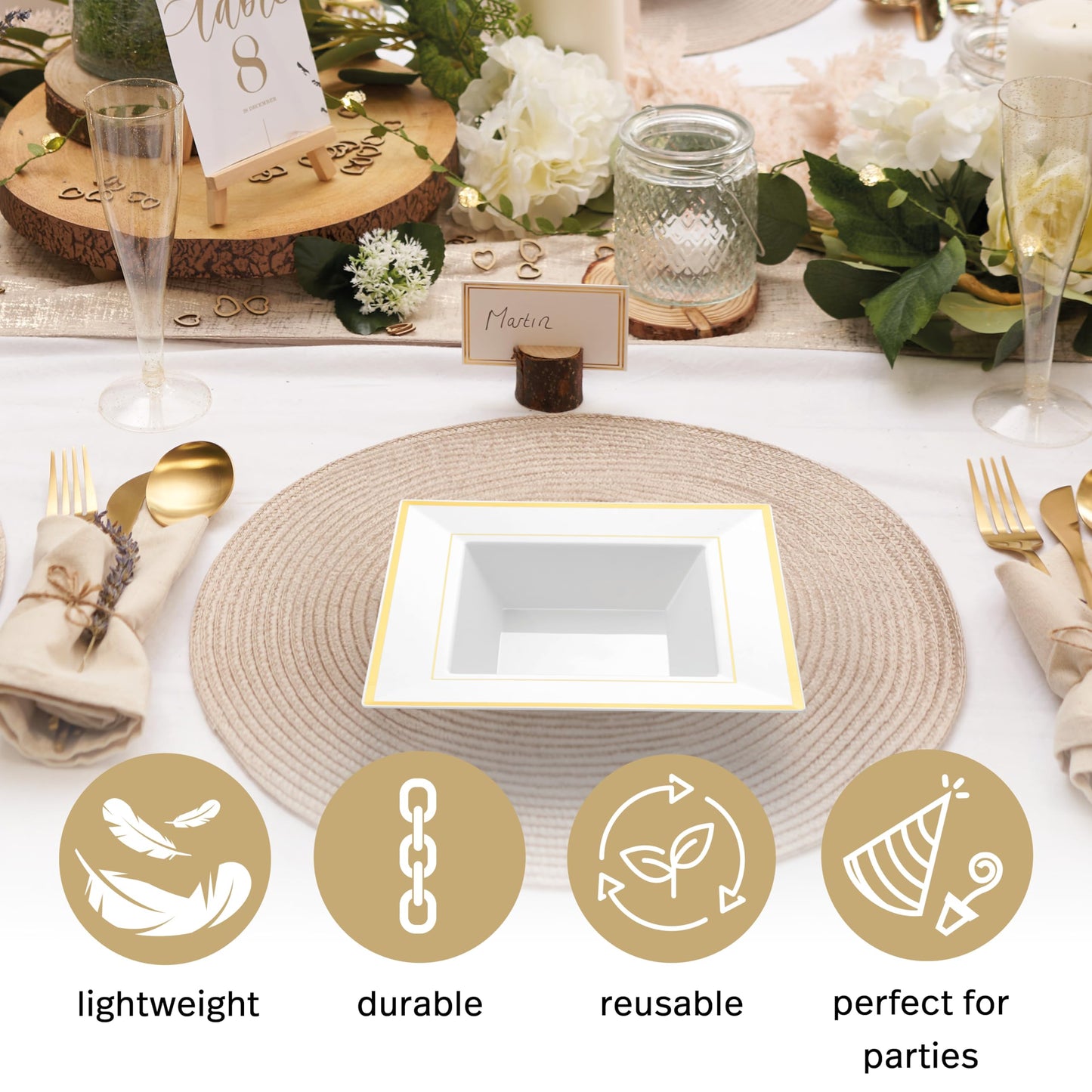 MATANA 20 Weiße Quadratische Plastikschalen mit Goldrand, Suppenteller, Suppenschalen (360ml) - Suppenschüssel für Hochzeiten, Geburtstage, Weihnachten, Partys - Mehrweg & Stabil