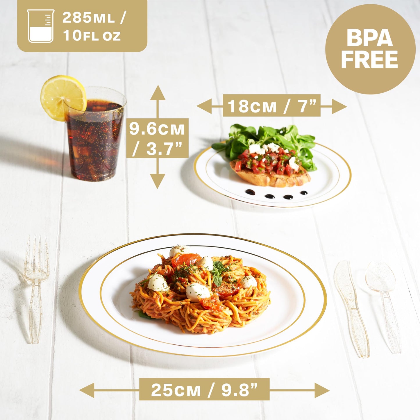 MATANA 150 Stück Mehrweg Partygeschirr Set in Weiß & Gold für 25 Gäste - 25 Plastikteller 25 Dessertteller 25 Löffel 25 Gabeln 25 Messer & 25 Partybecher - Hochzeiten, Geburtstage & Partys