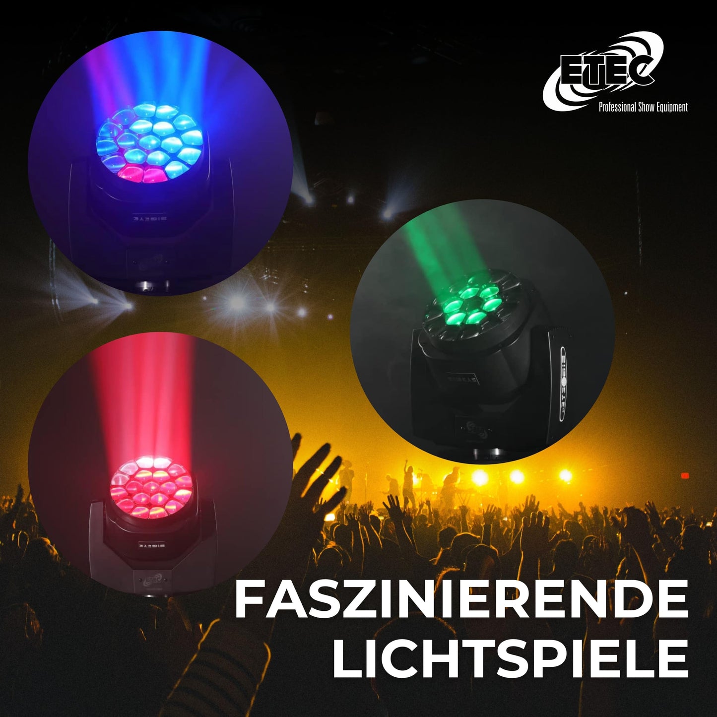 ETEC Professional LED Big Eye Moving Head 19x15 Watt RGBW Set mit Flightcase Beam Rotation Zoom DMX Bühnenbeleuchtung Lichteffekt Discothek Club DJ Party