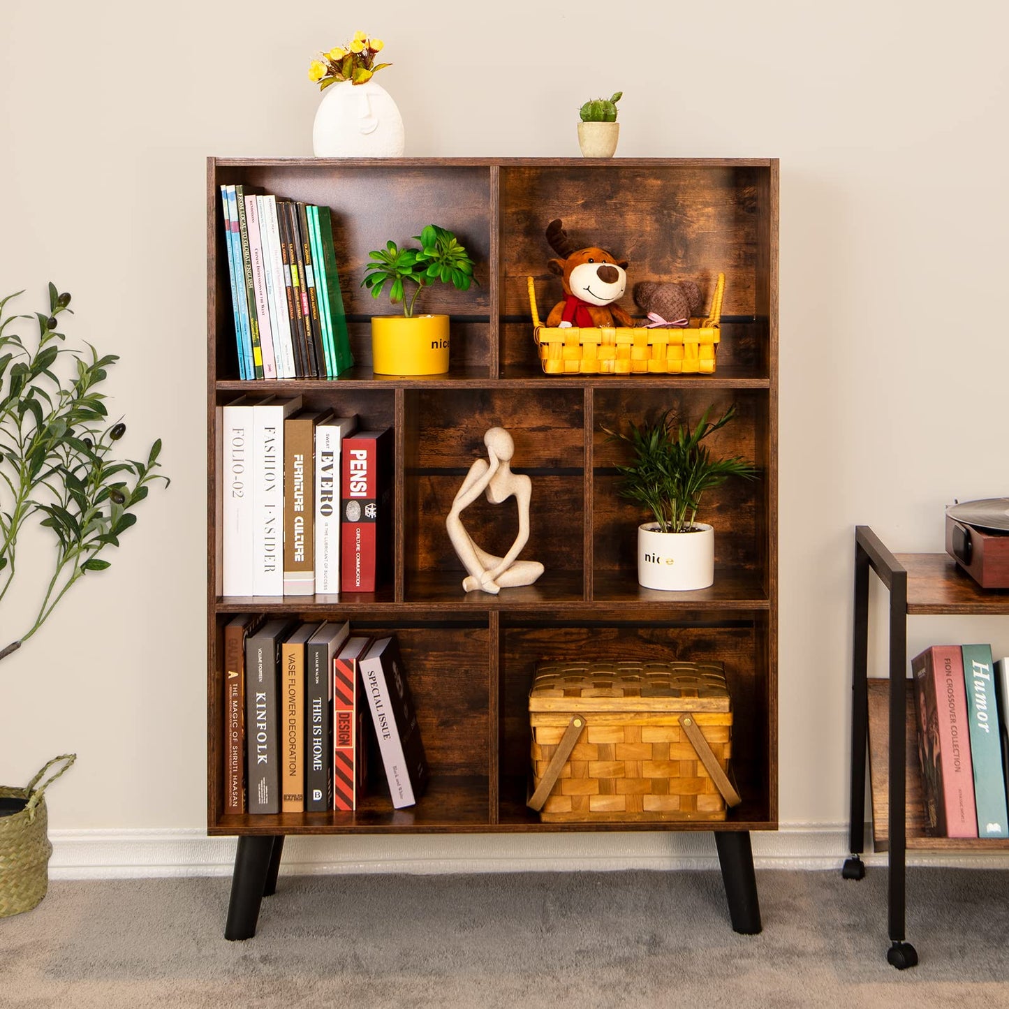 LEYAOYAO 3-Etagen-Bücherregal, Vintage Braun, Moderner Würfelregal mit Kreuzdesign, Freistehender Organizer für Zuhause und Büro