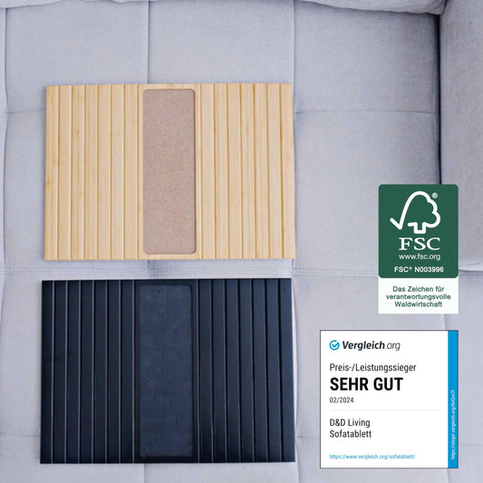 D&D Living® Sofatablett - Couch Ablage flexibel für Armlehne mit Anti-Rutsch Kork Pad | Tablett für Sofa mit 47x34 cm, nachhaltiges Bambus Schwarz Groß