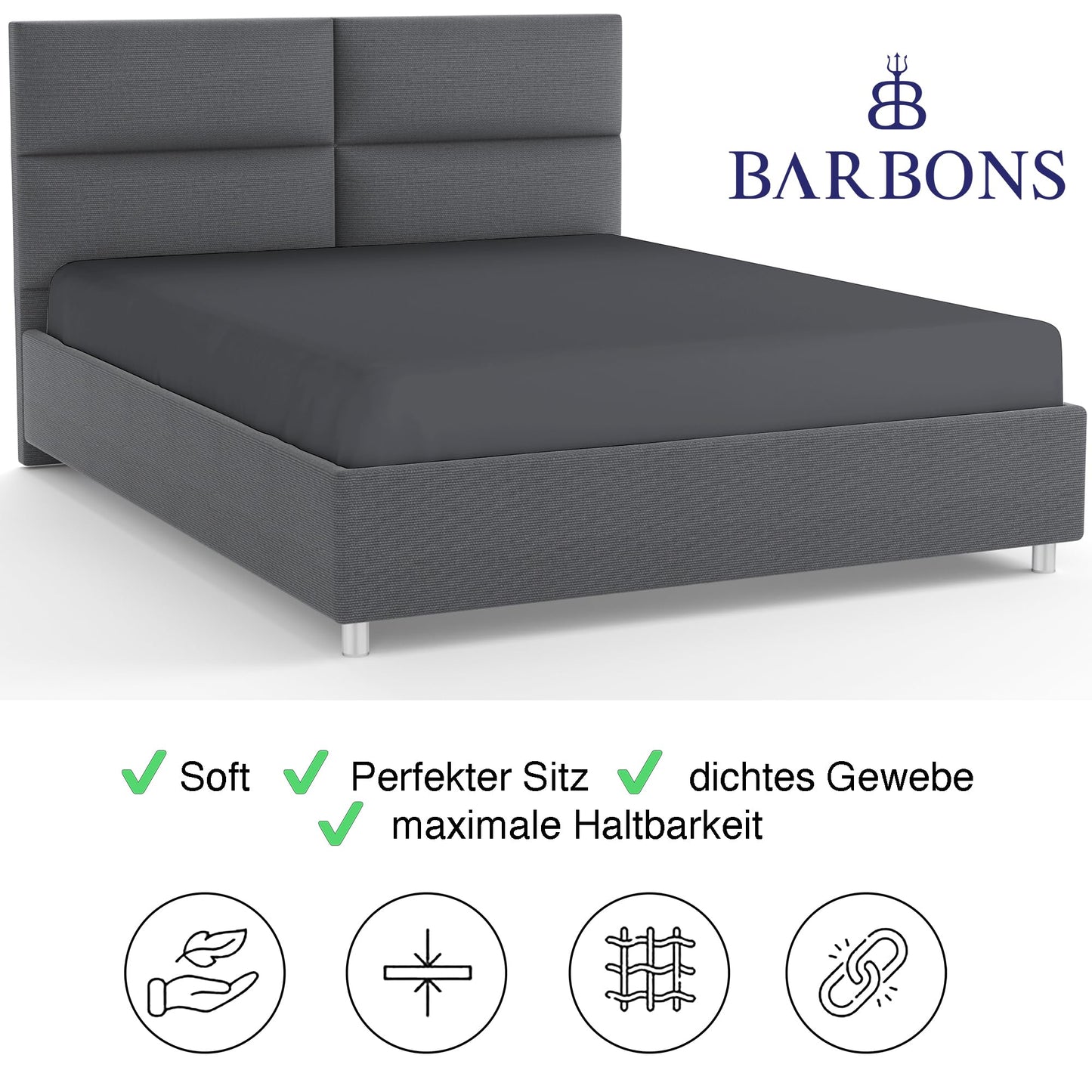 BARBONS Spannbettlaken 180x200cm - 100% Baumwolle Spannbetttuch Oeko-TEX Zertifiziert Bettlaken Jersey Bettwaren und Bettbezug für Boxspringbett und Dicke Matratzen bis 25 cm - Dunkelgrau 180 x 200