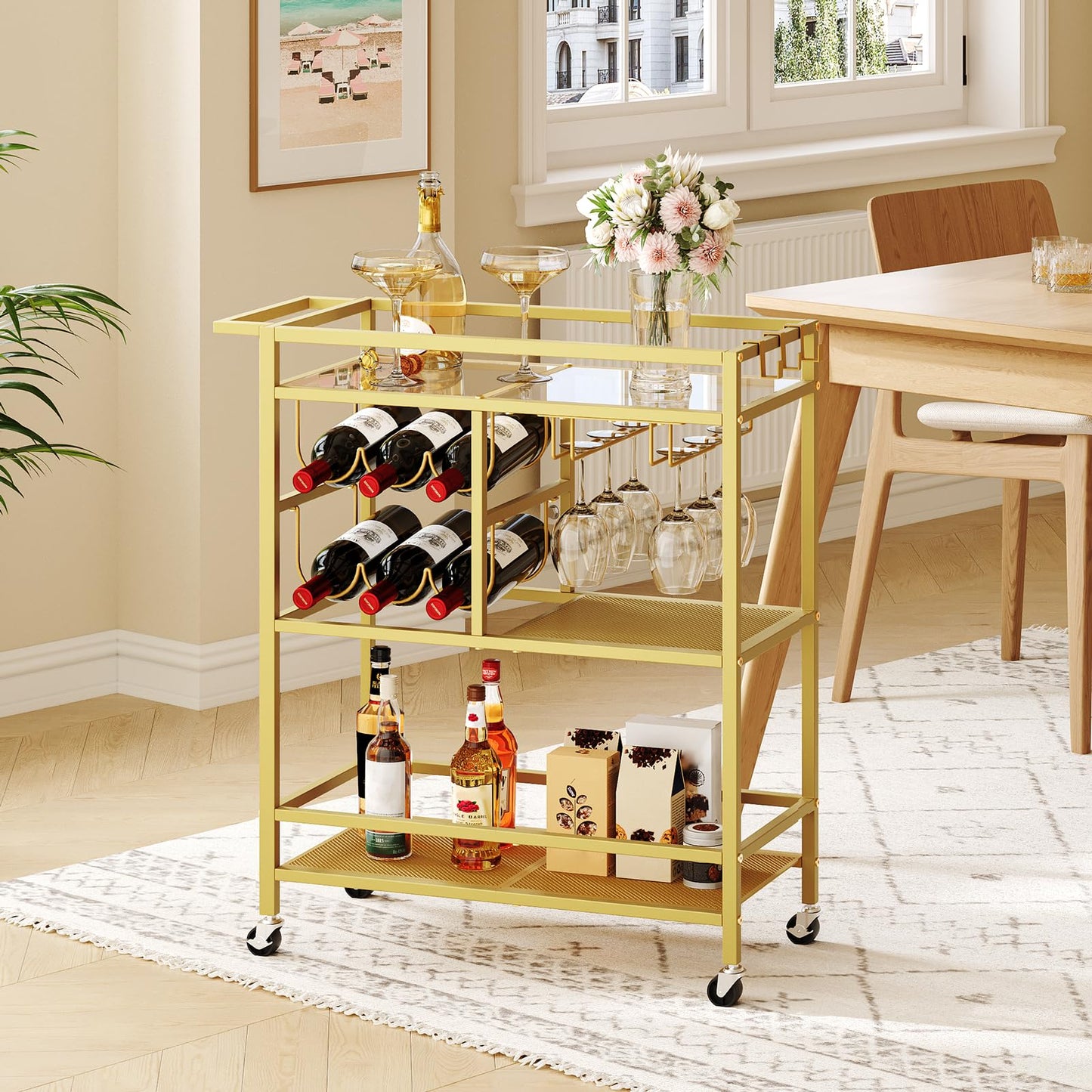 MAHANCRIS Servierwagen mit Rollen, Barwagen mit 3 Etagen und Griff, Küchenwagen, Getränkewagen mit Glas- und Flaschenhaltern, Weinwagen für Küche, Bar, Esszimmer, Gold ARCJ61B01