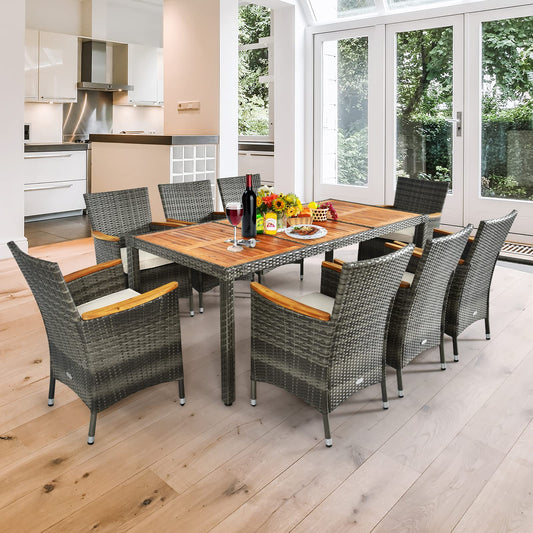 COSTWAY 9 TLG. Rattan Gartenmöbel Set, Sitzgruppe für 8 Personen, Gartentisch mit Tischplatte aus Akazienholz, 8 stapelbare Stühle & Kissen, Terrassenmöbel Set, Gartengarnitur, Sitzgarnitur, Essgruppe