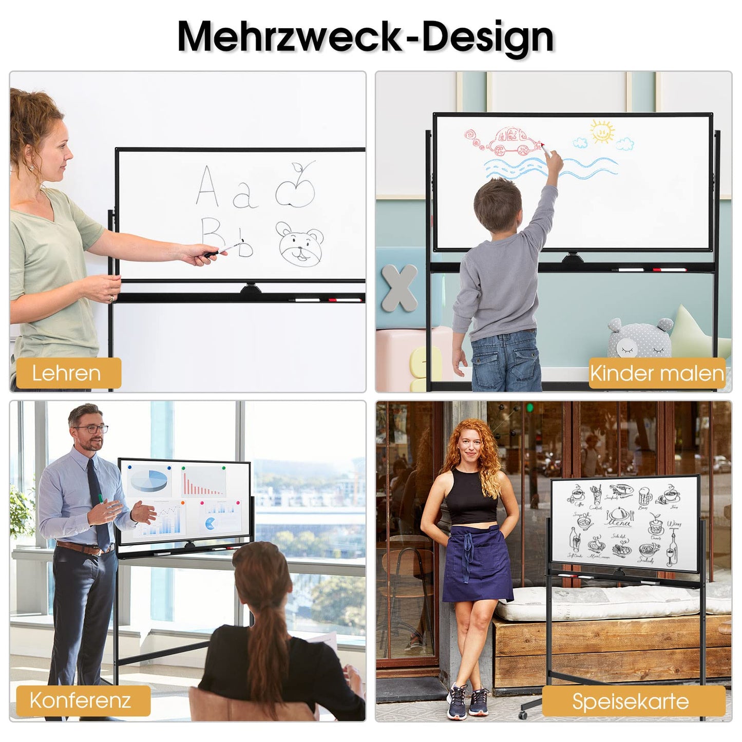 GOPLUS Whiteboard magnetisch mit Ständer, doppelseitiges Whiteboard mit Zubehör Set, Trocken abwischbar, mobiles Whiteboard höhenverstellbar, für Schule, Büro, Zuhause (Schwarz, 120 x 60cm)