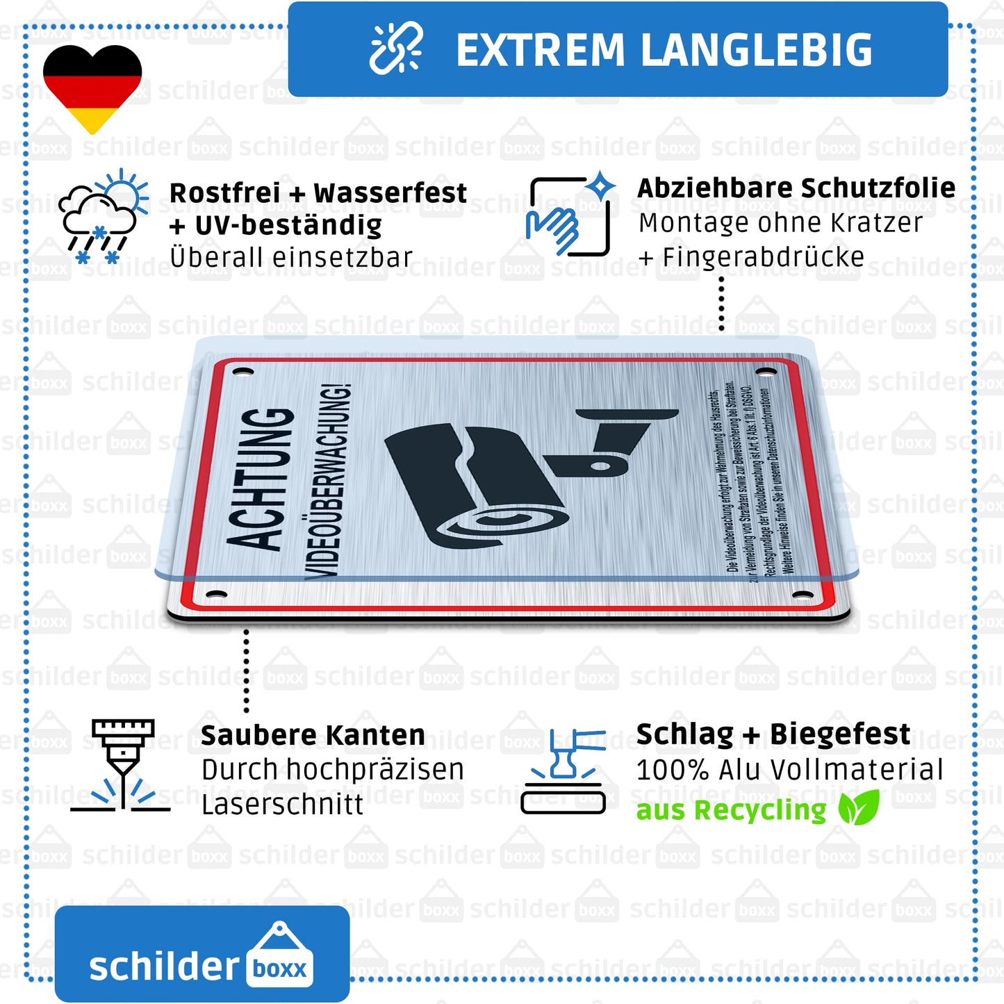 SCHILDERBOXX® 2er Set Schild Videoüberwachung DSGVO [15x15cm, 100% Alu, 4x Bohrlöcher] - Ideales Hinweisschild Videoüberwachung Aufkleber, Grundstück Videoüberwacht Schild, Kamera Überwachung Schild