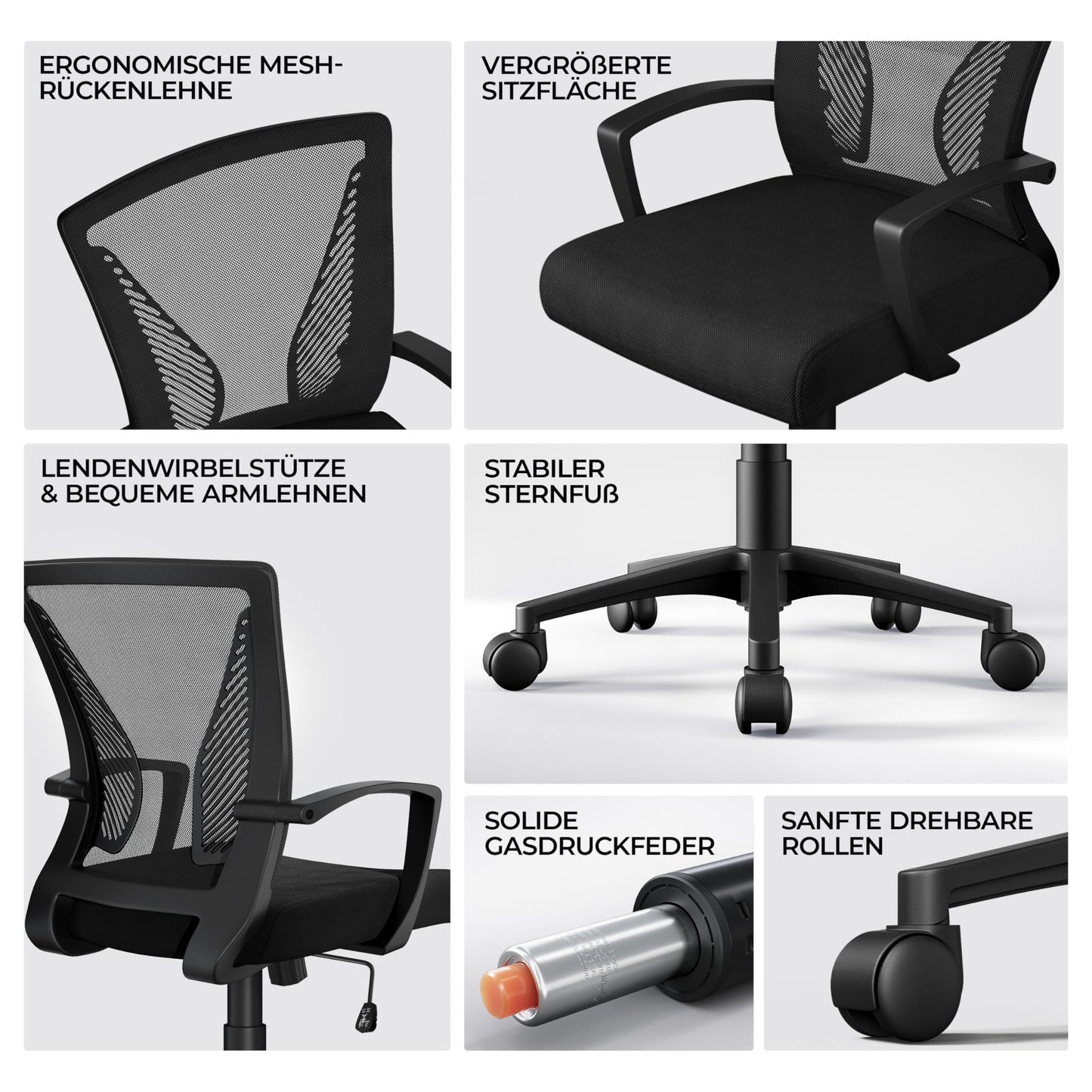 Yaheetech Bürostuhl Ergonomisch, Schreibtischstuhl mit Netzbespannung, Arbeitsstuhl mit Armlehnen, Chefsessel aus Mesh, höhenverstellbarer Computerstuhl 136 kg, atmungsaktiv, Wippfunktion Schwarz