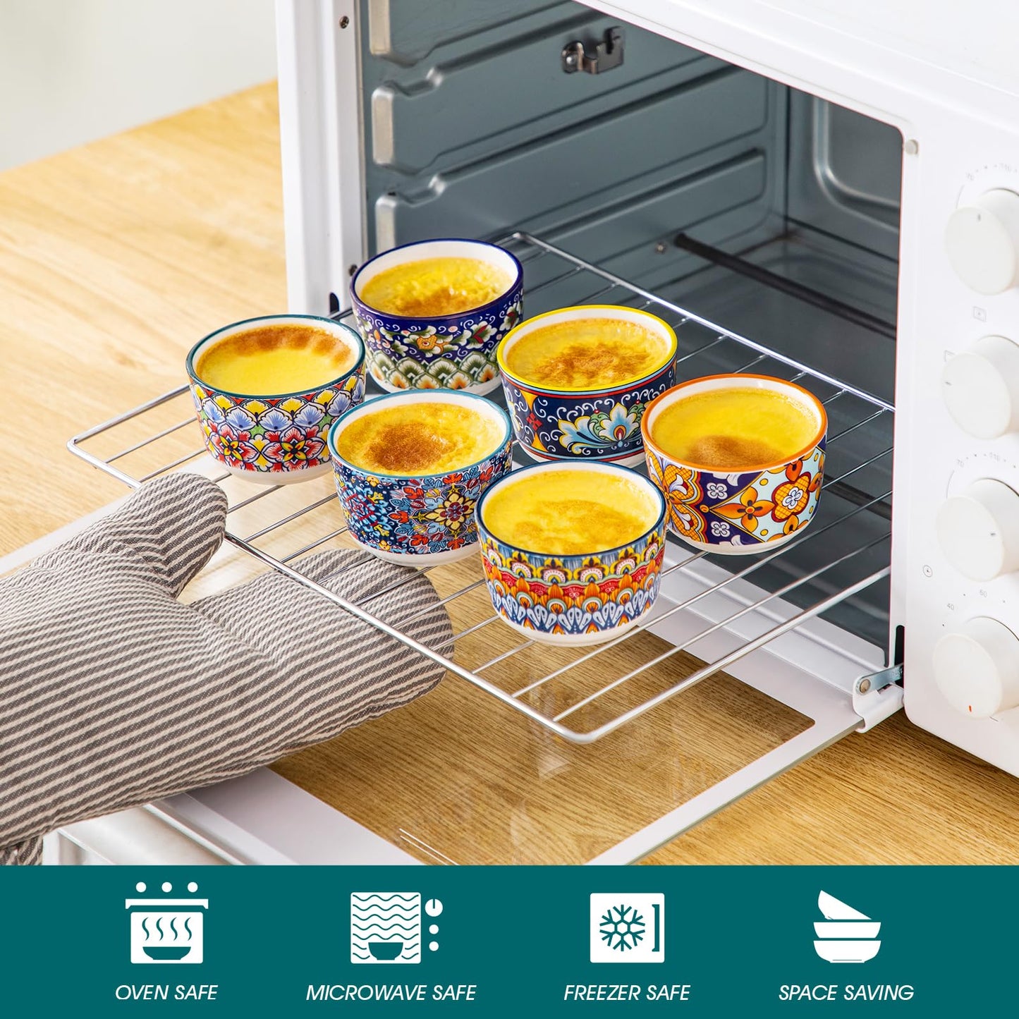 vancasso Serie SIMI, Souffle Förmchen zum Backen 6er Set, 120ml Creme Brulee Schälchen, Souffleeförmchen Backofenfest, Ofenfeste Creme Brulee Schalen, Vibrant Bohemian Mini Auflaufform
