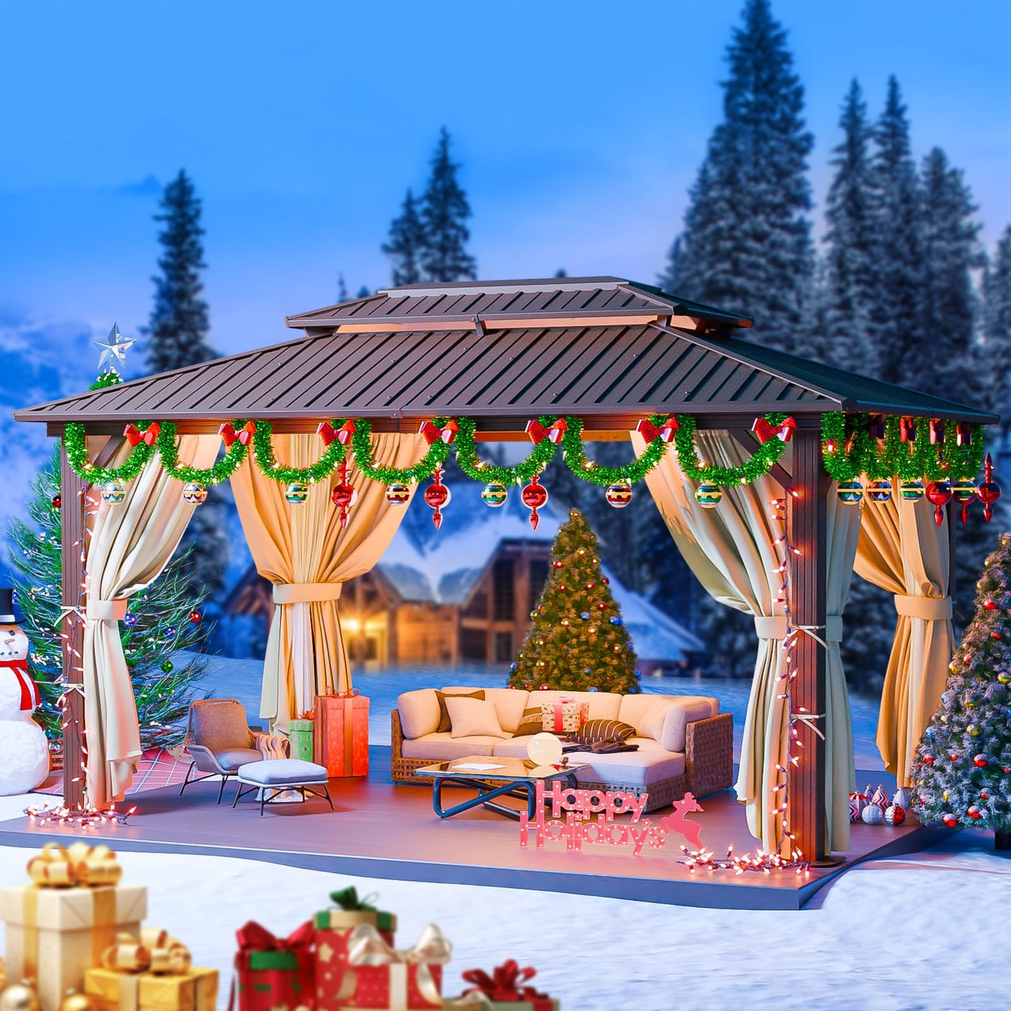 HOTEEL 3x3.65m Hardtop Pavillon Wasserdicht Stabil Winterfest, Gartenpavillon Metall mit Verzinkter Stahl Doppeldach, Alu-Rahmen, Schwer Entflammbare Vorhänge & Moskitonetz, Braun (2025 Aufrüstung)