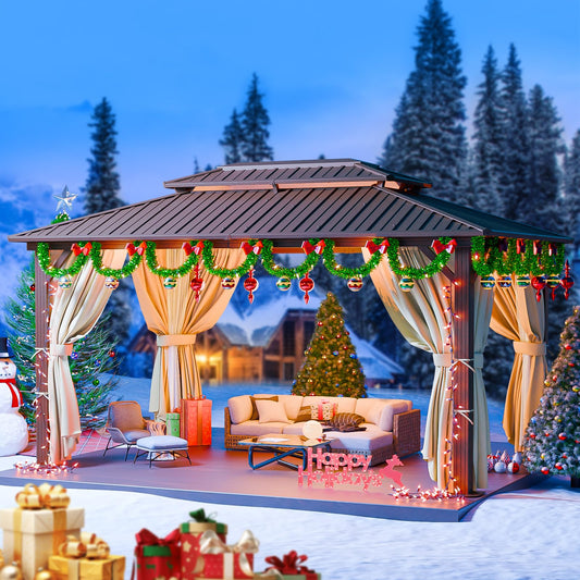 HOTEEL 3x3.65m Hardtop Pavillon Wasserdicht Stabil Winterfest, Gartenpavillon Metall mit Verzinkter Stahl Doppeldach, Alu-Rahmen, Schwer Entflammbare Vorhänge & Moskitonetz, Braun (2025 Aufrüstung)