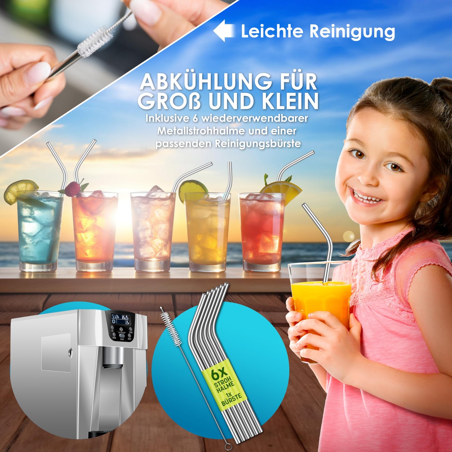 KESSER® Eiswürfelbereiter | Eiswürfelmaschine Edelstahl | 100W Ice Maker | 12 kg 24 h | 2 Würfelgrößen | Zubereitung in 6 min | 2 Liter Wassertank | Timer | LCD-Display | Wassertank, Silber