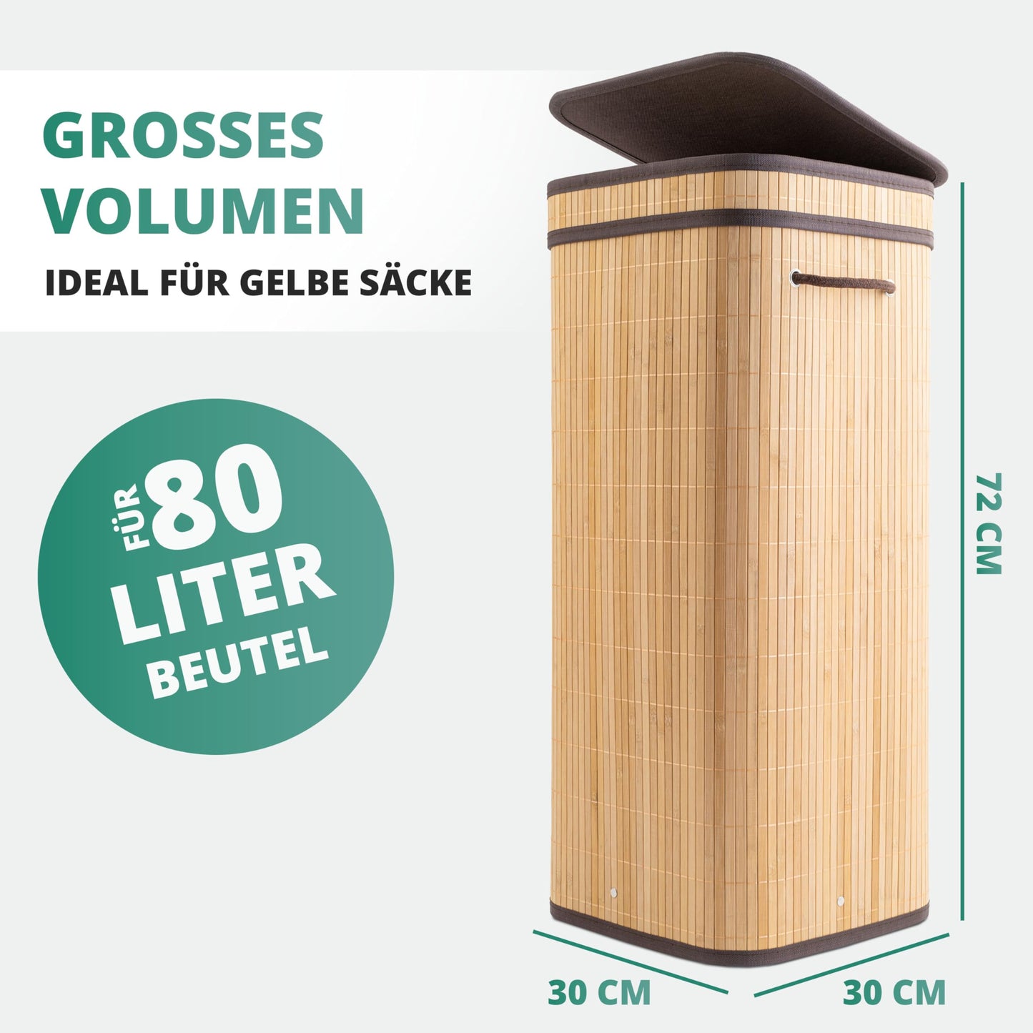 HOMELYN Gelber Sack Ständer I 80L, aus Bambus I Stabiler Müllsackständer mit Deckel I Extra für gelbe Säcke I Gelber Sack Mülleimer I Behälter gelbe Säcke für Küche & Haushalt