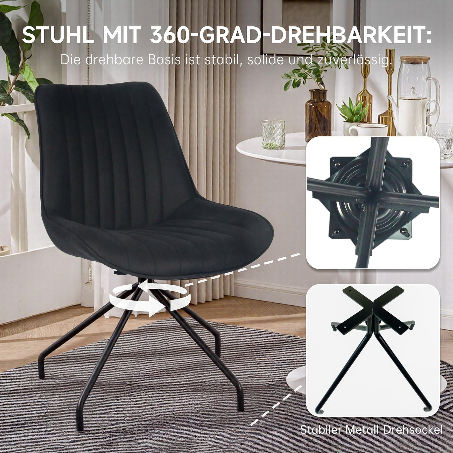 Twinice Esszimmerstühle 4er Set Schwarz – Drehbare Polsterstühle mit Metallbeinen