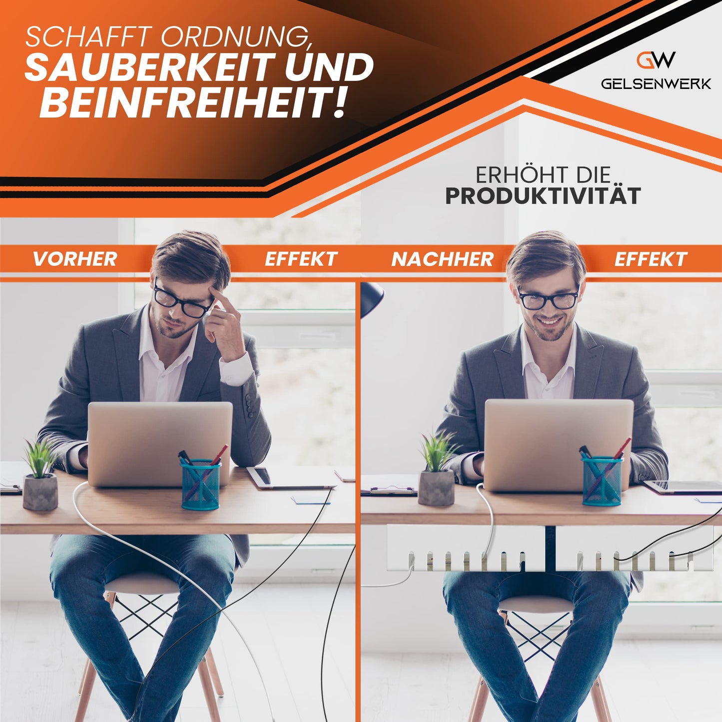 Kabelkanal Schreibtisch〖OHNE Bohren〗 fürs Kabelmanagement - Kabelwanne inkl. Kabelschlauch für saubere Kabelführung am Schreibtisch - Kabelmanagement Schreibtisch TÜV Rheinland geprüft