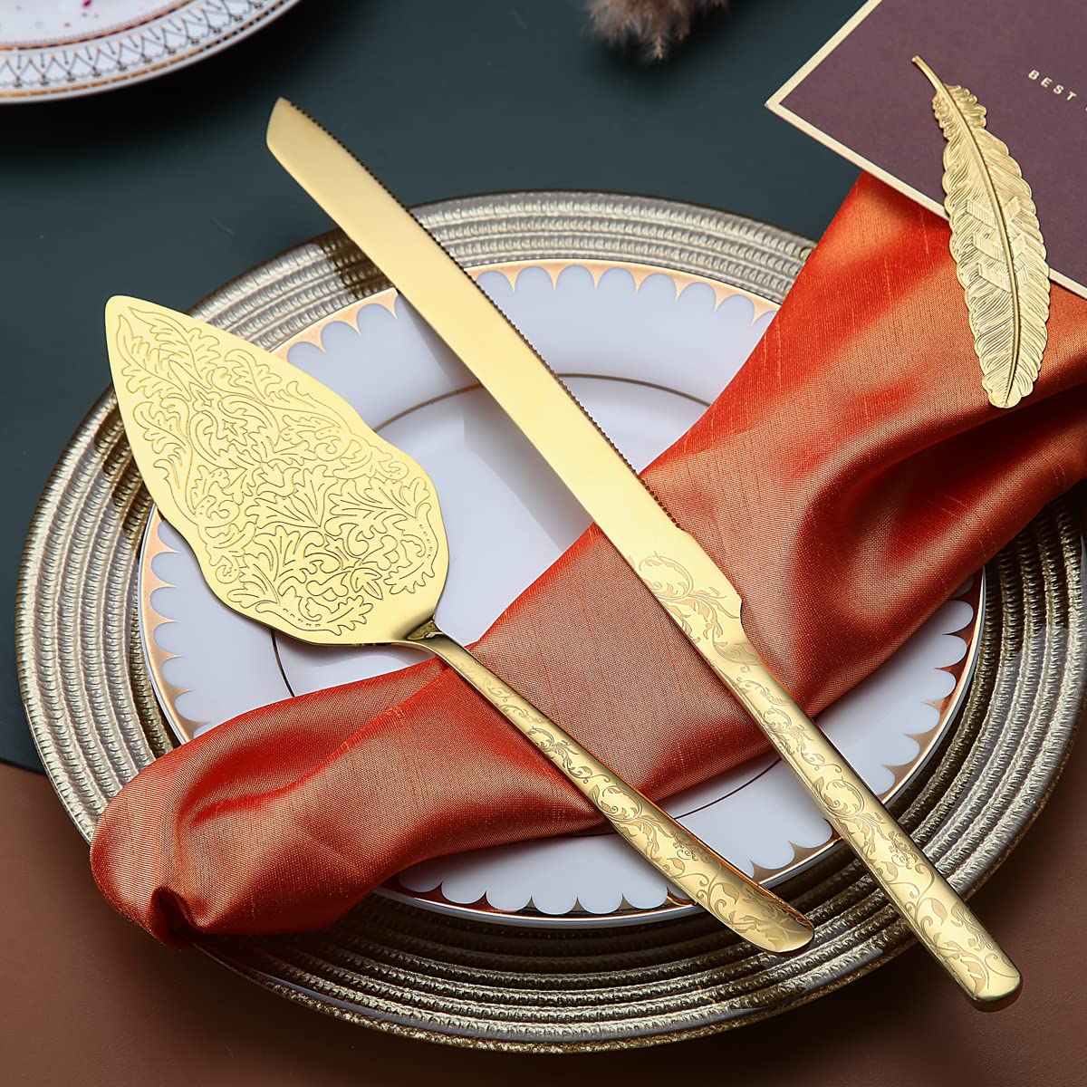 Berglander Gold Hochzeitstorte Messer und Servierset, Titan Vergoldung mit einzigartigem Muster Design Tortenmesser Servierset Perfekt für Hochzeit, Geburtstag, Partys