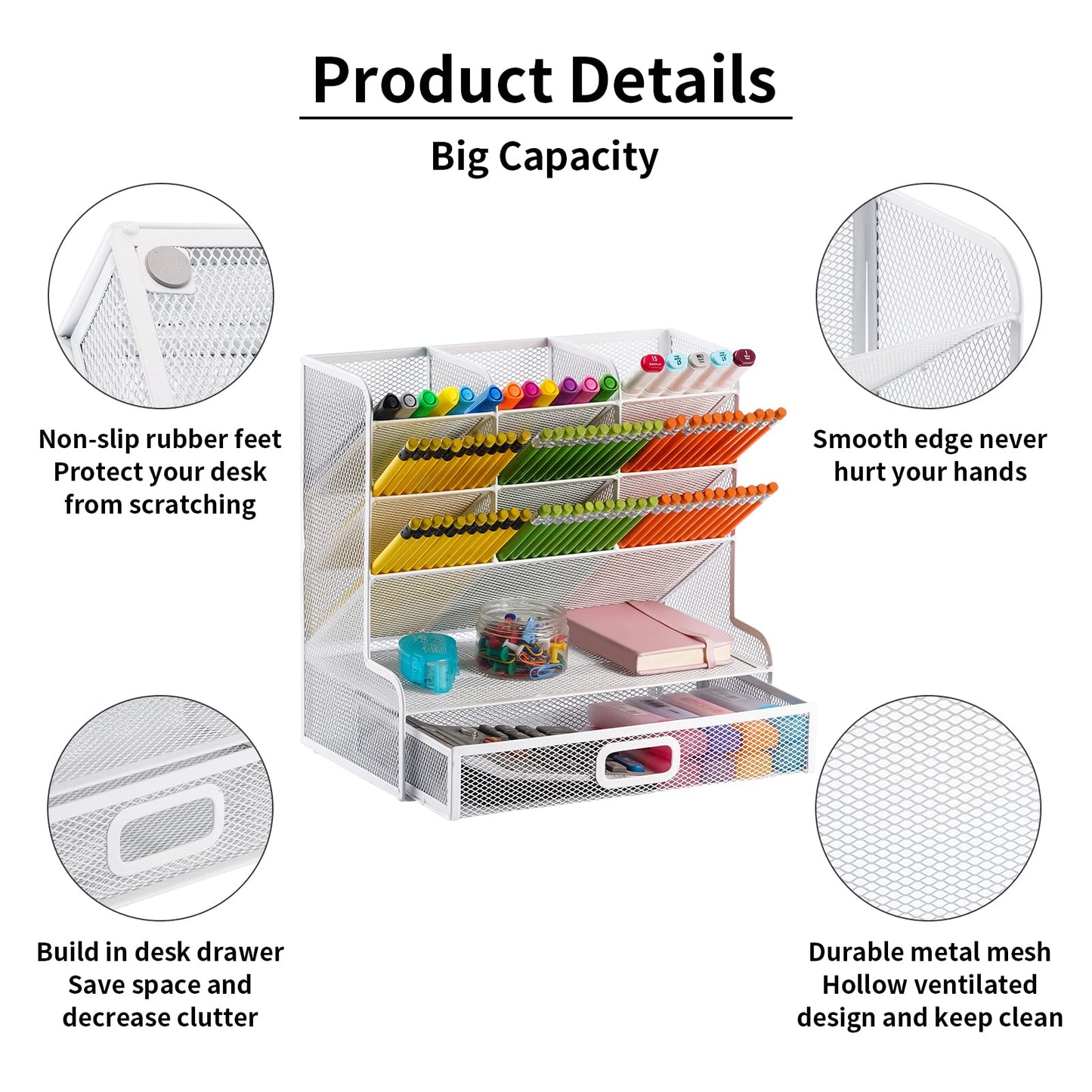 Marbrasse Schreibtisch-Organizer aus Netzstoff, Multifunktionaler Stifthalter,für Schreibtisch,Aufbewahrungsregal für Schule,Zuhause,Büro,Kunstbedarf (Mesh Pen Holder White with Drawer)