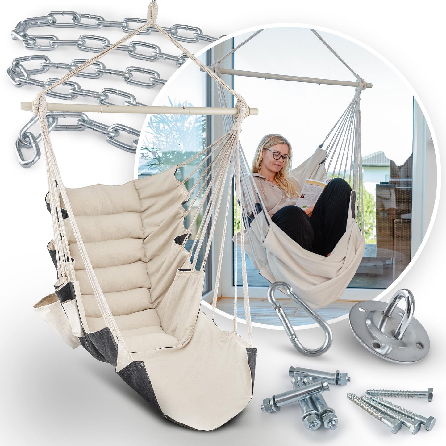Rexo Hängesessel [Outdoor & Indoor] 120 Kg- Hängeschaukel, Hängestuhl XXL, Hängesitz, Hänge Sessel-Schaukel | Sitz-Hängematte für Balkon, Wohnzimmer, Garten, Deckenhöhe bis 3,1 Meter | Hanging Chair