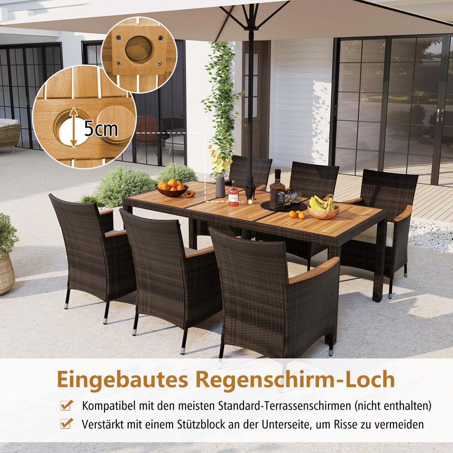 COSTWAY 9 TLG. Rattan Gartenmöbel Set, Sitzgruppe für 8 Personen, Gartentisch mit Tischplatte aus Akazienholz, 8 stapelbare Stühle & Kissen, Terrassenmöbel Set, Sitzgarnitur, Gartengarnitur, Essgruppe