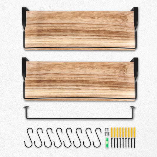 Uten Wandregal Holz, Schweberegal Rustikal mit Handtuchhalter 2er Set Hellbraun für Schlafzimmer, Wohnzimmer, Badezimmer, Küche, Büro