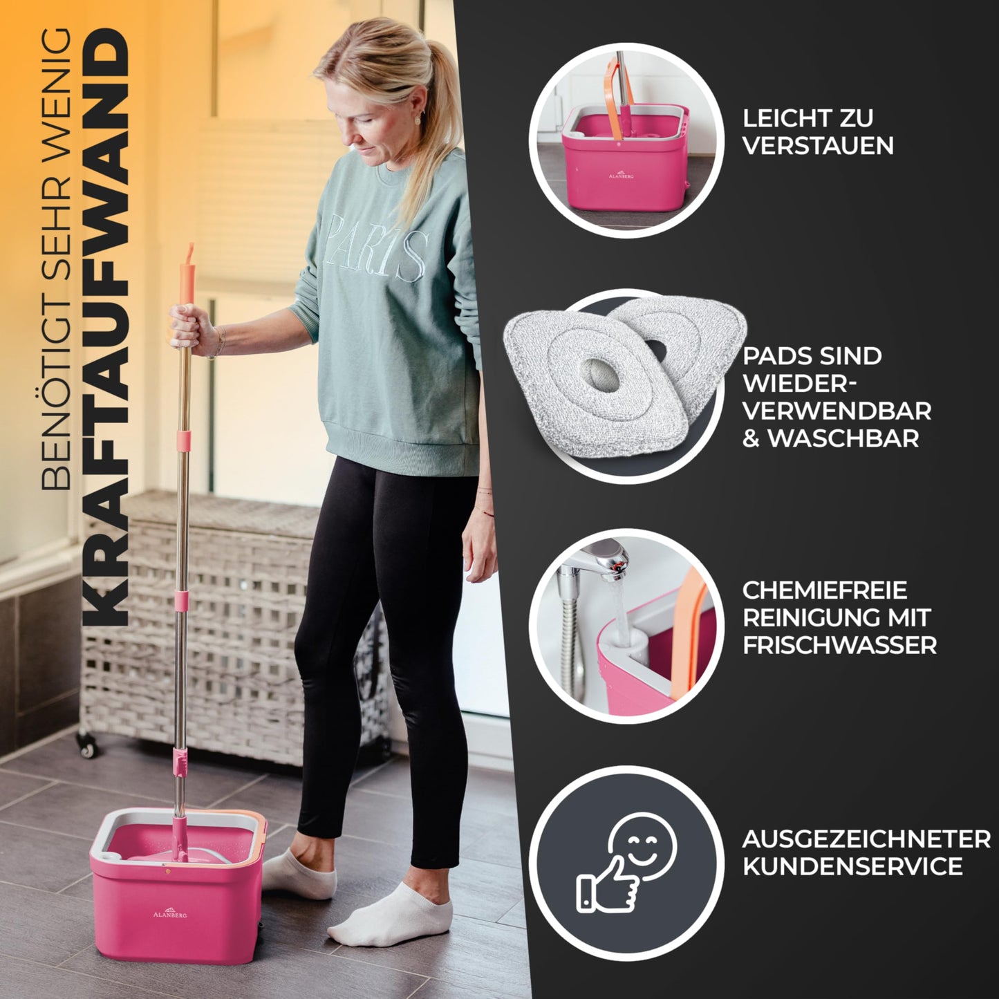 ALANBERG® Wischmopp Set mit Eimer – 2-Kammer-System für Schmutz- & Frischwassertrennung – Selbstauswringend, Mikrofaser Wischpads – Bodenwischer für alle Böden, Rosa