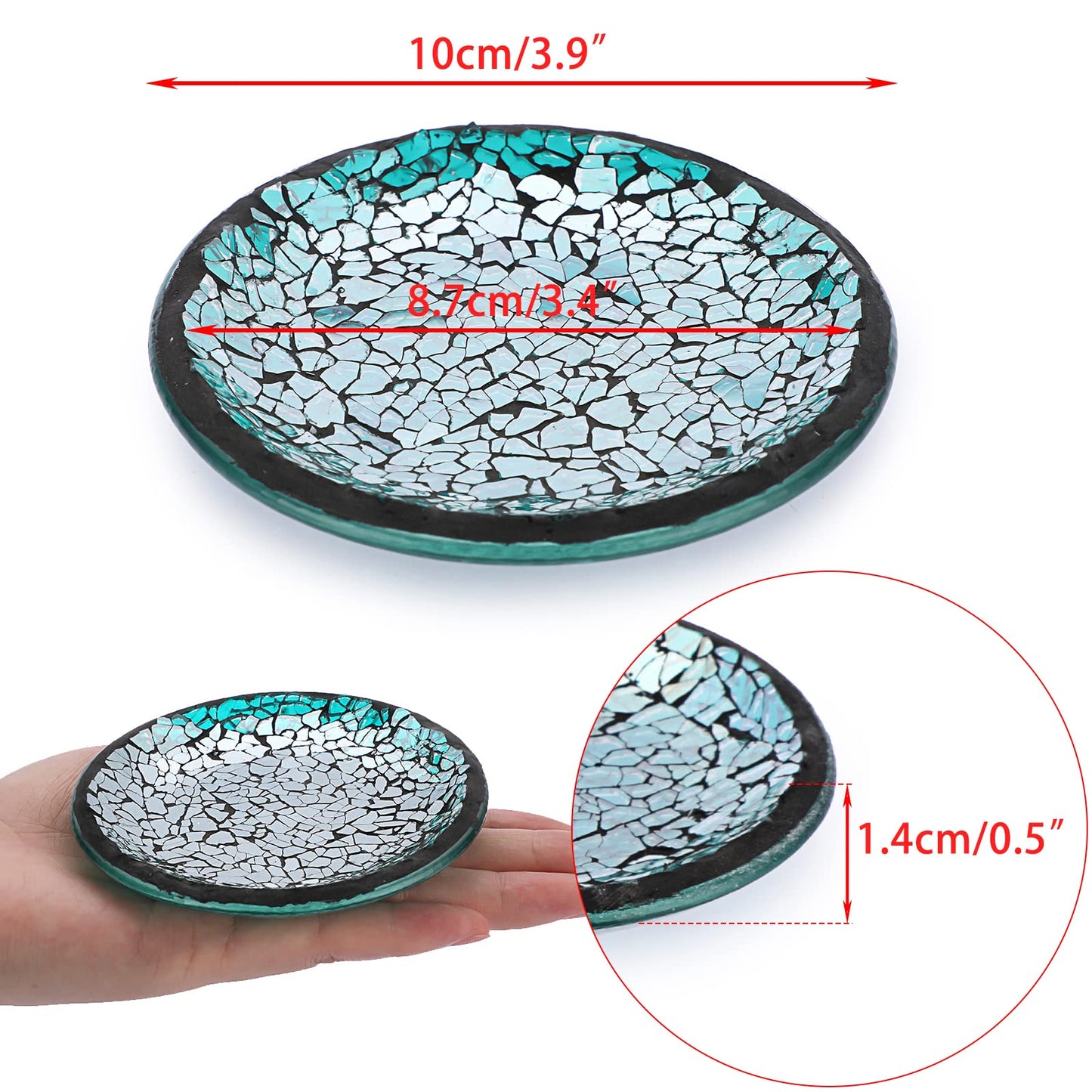 BSTKEY Set mit 4 Mosaik-Glas-Kerzentellern, 10 cm, 4 runde Kerzenteller, dekorativer Stumpenkerzenhalter, Teelichthalter, Untersetzer, Untersetzer, Blau