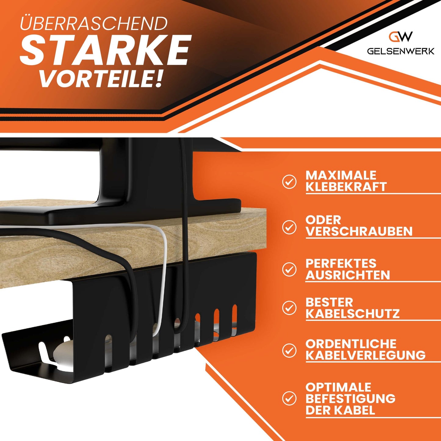 GELSENWERK® 2er Set Kabelkanal Schreibtisch Schwarz ohne Bohren - Kabelhalter 43x12x12cm inkl. Kabelschlauch - Kabelwanne für ordentliches Kabelmanagement am Arbeitsplatz und Ordnung im Büro