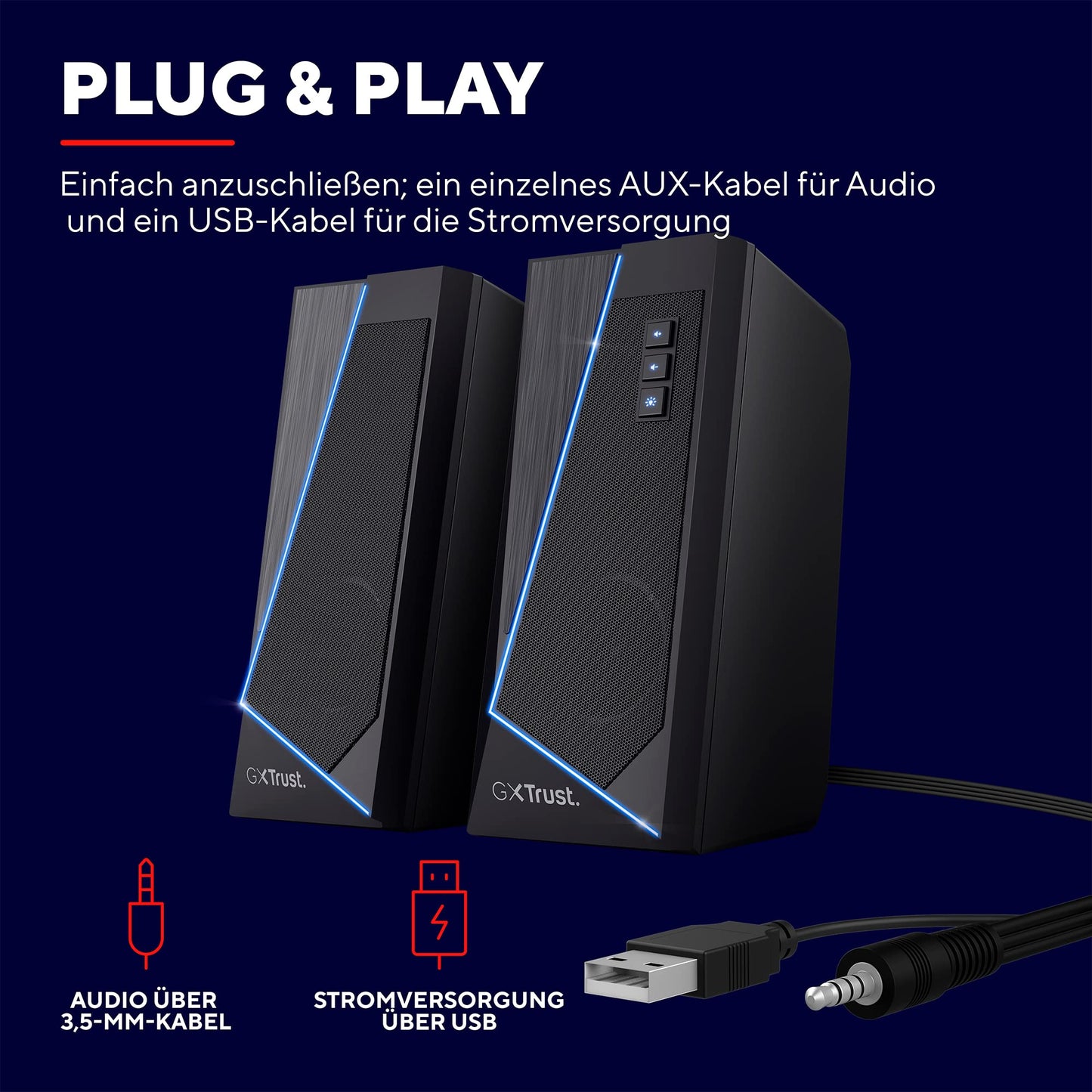 Trust Gaming Lautsprecher für PC GXT 609 Zoxa - Computer Boxen, Lautsprecherset mit 6 Verschiedene RGB Beleuchtungsarten, Stromversorgung über USB, 12W, PC/Laptop, Schwarz