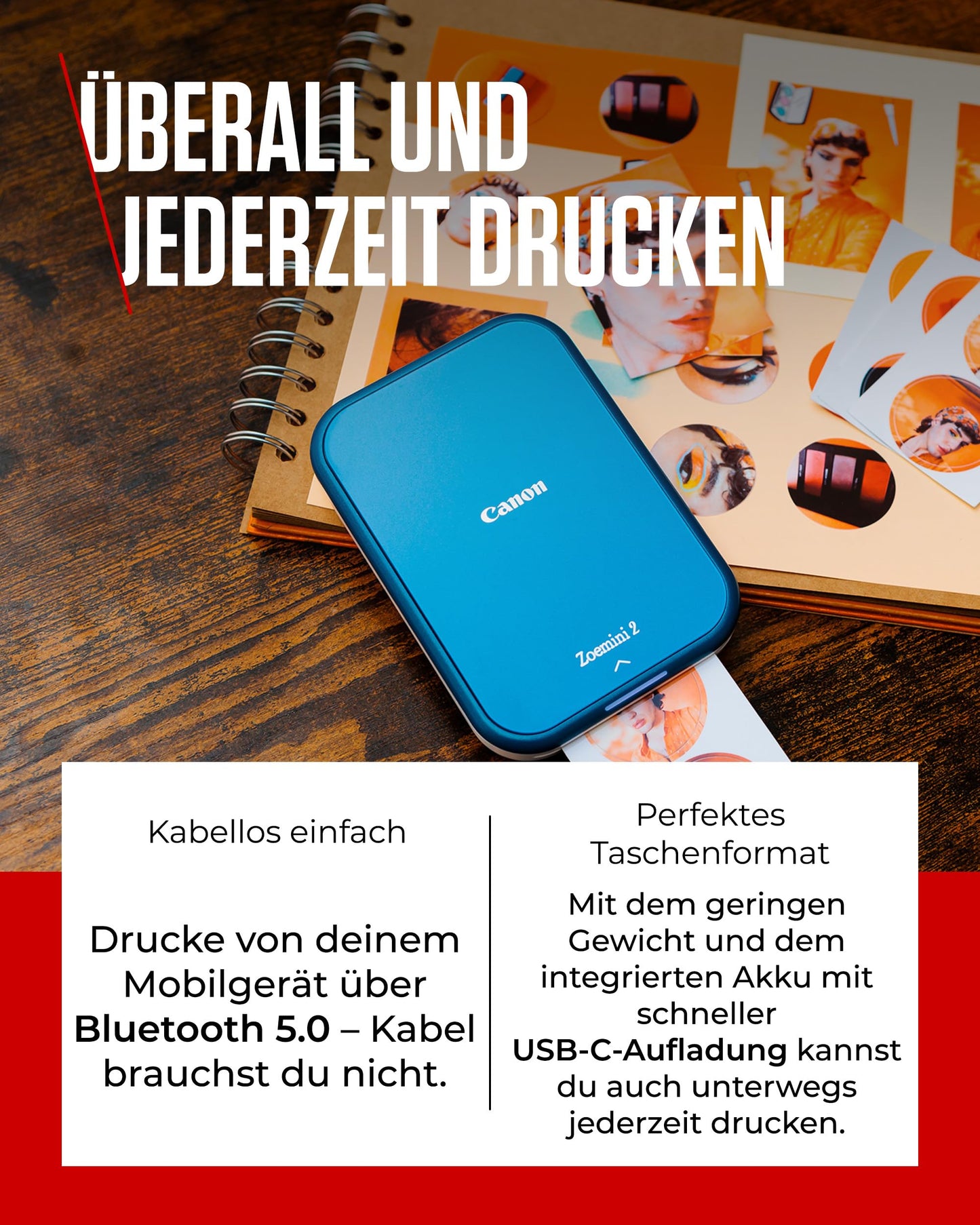 Canon Zoemini 2 Mini Fotodrucker mobil tragbar unterwegs Hosentasche Printing KIT (Fotodruck 5x7,6 cm, Smartphone + Tablet, eingebauter Akku) Marineblau [+ 20er Zink Druck-Set + 10er Circle Sticker]