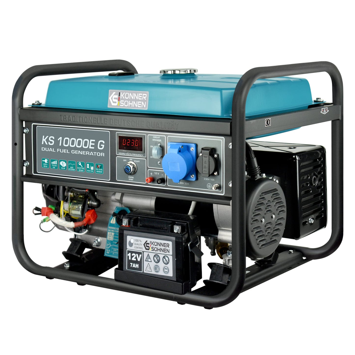 Könner & Söhnen KS 10000E G - Hybrid Benzin-LPG 4-Takt Stromerzeuger, Notstromaggregat 7500 Watt, 1x16A 1x32A Generator mit automatischem Spannungsregler 230V, E-Start, Digitale Anzeige Blau10-g