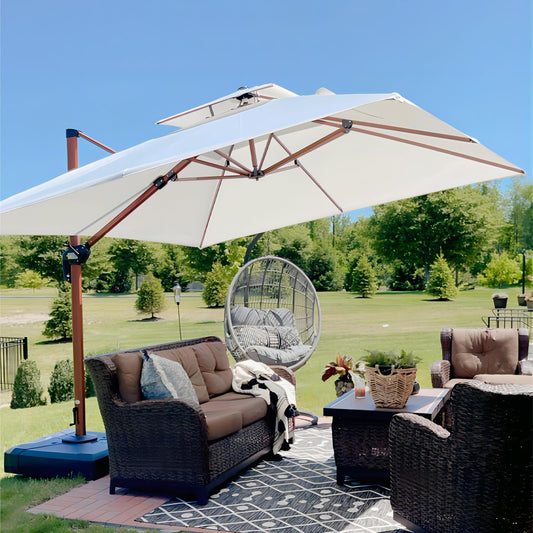 PURPLE LEAF Alu Sonnenschirm Groß Ampelschirm 330 x 330 cm Holzoptik Doppeldach Gartenschirm mit Kurbel 360°Drehbar XXL, Sonnenschutz UV50+, Cream