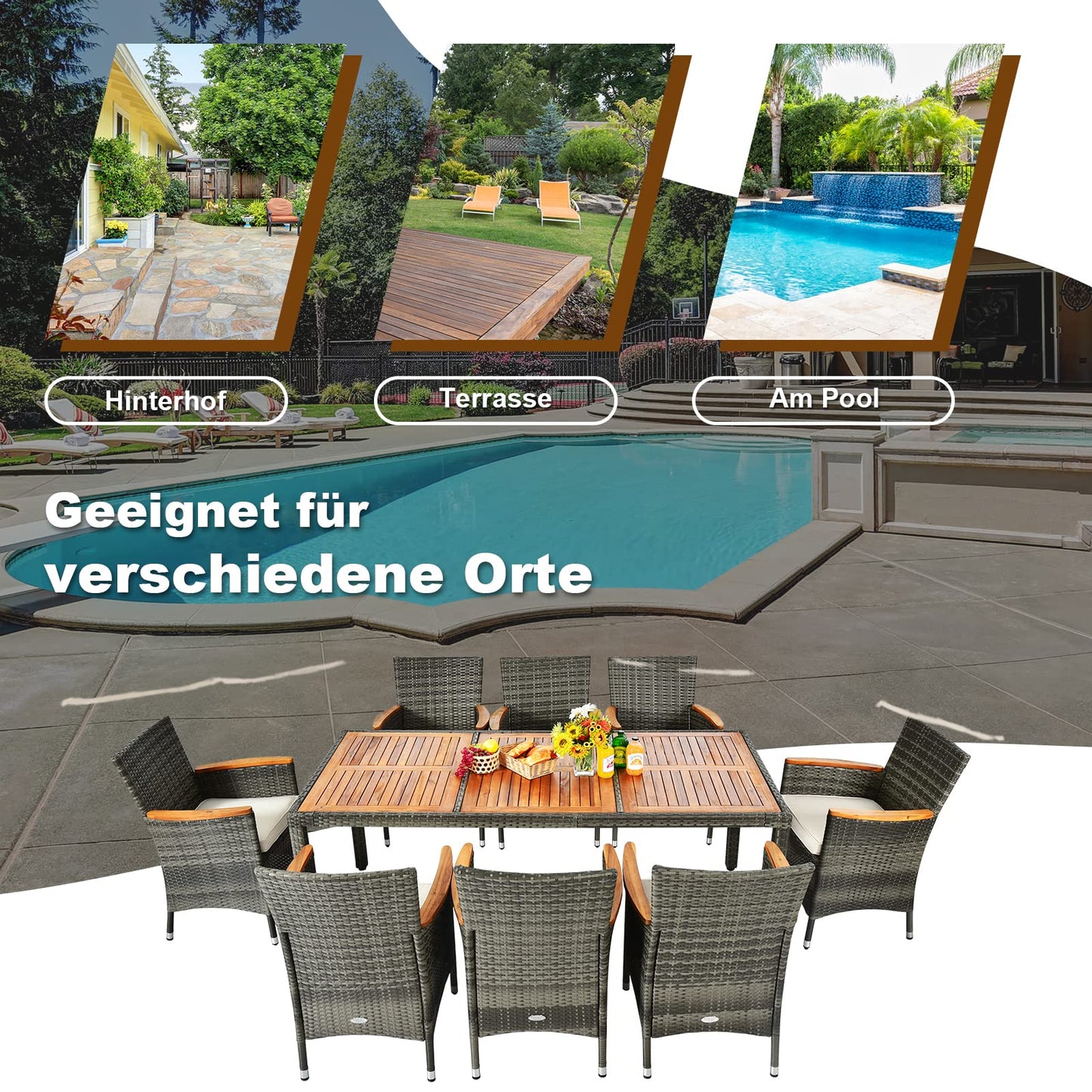 COSTWAY 9 TLG. Rattan Gartenmöbel Set, Sitzgruppe für 8 Personen, Gartentisch mit Tischplatte aus Akazienholz, 8 stapelbare Stühle & Kissen, Terrassenmöbel Set, Gartengarnitur, Sitzgarnitur, Essgruppe