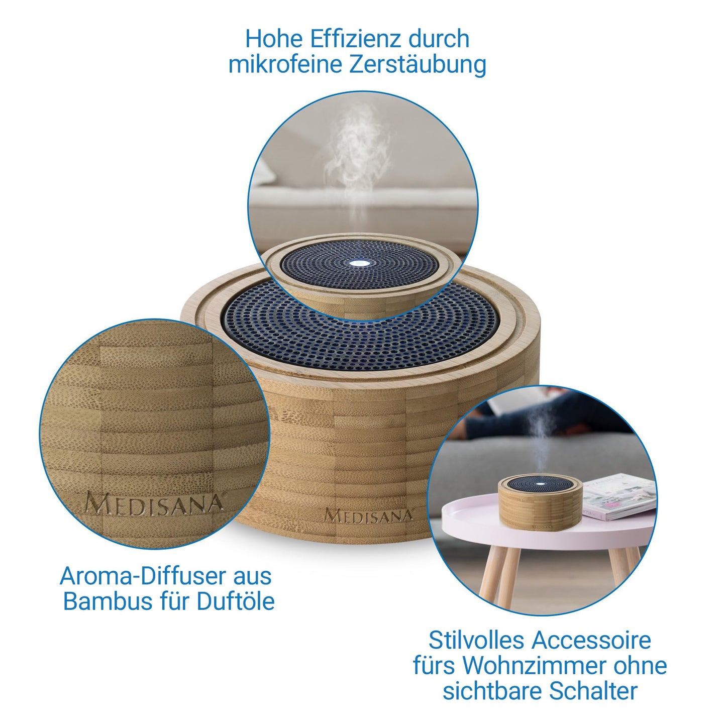 Medisana | AD 625 | Aroma Diffuser | Bambus | Raumerfrischer | Lufterfrischer | Duftlampe mit Timer | Raumduft elektrisch | Ätherische Öle Duftöle | Wellness-Licht in 6 Farben | 100 ml, 1 stück