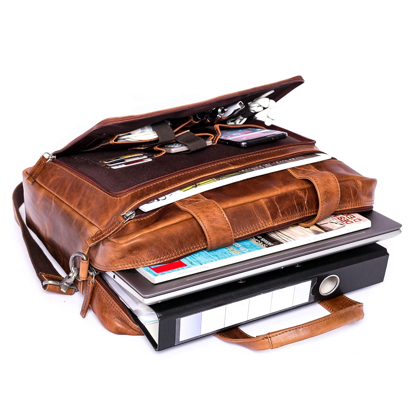 ALMADIH Leder Laptoptasche Aktentasche BRUNO antik - Premium Business Tasche Umhängetasche Unitasche Herren Messenger Arbeitstasche Schultertasche Dokumenten Kofferschlaufe braun (BRUNO antik)
