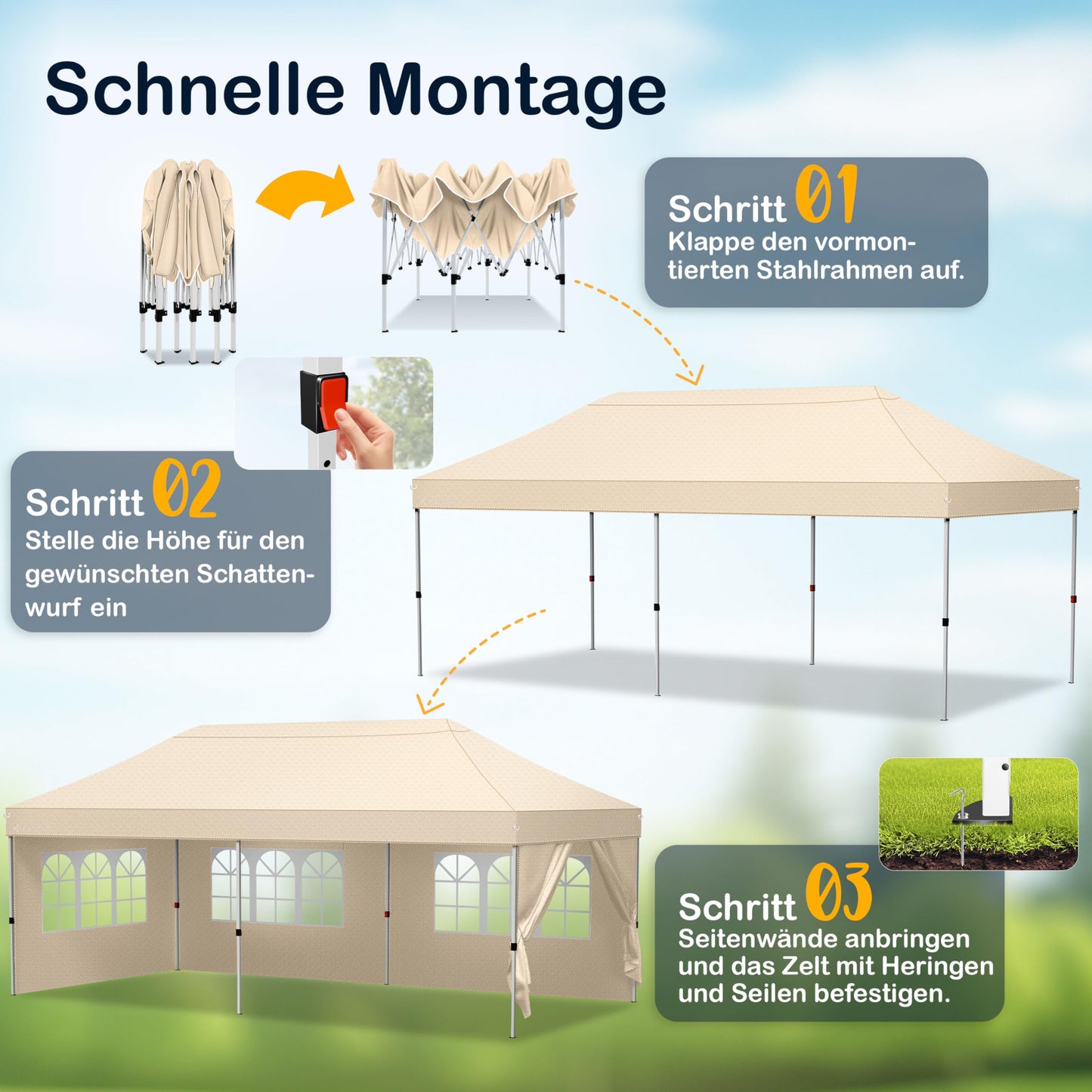 KESSER® Pavillon Faltpavillon 6x3m Festzelt mit 6 abnehmbaren Seitenwänden | Gartenzelt Höhenverstellbar & Wasserdicht + Tasche Bodenanker | Pop-Up Klicksystem UV-Schutz 50+ Partyzelt Beige