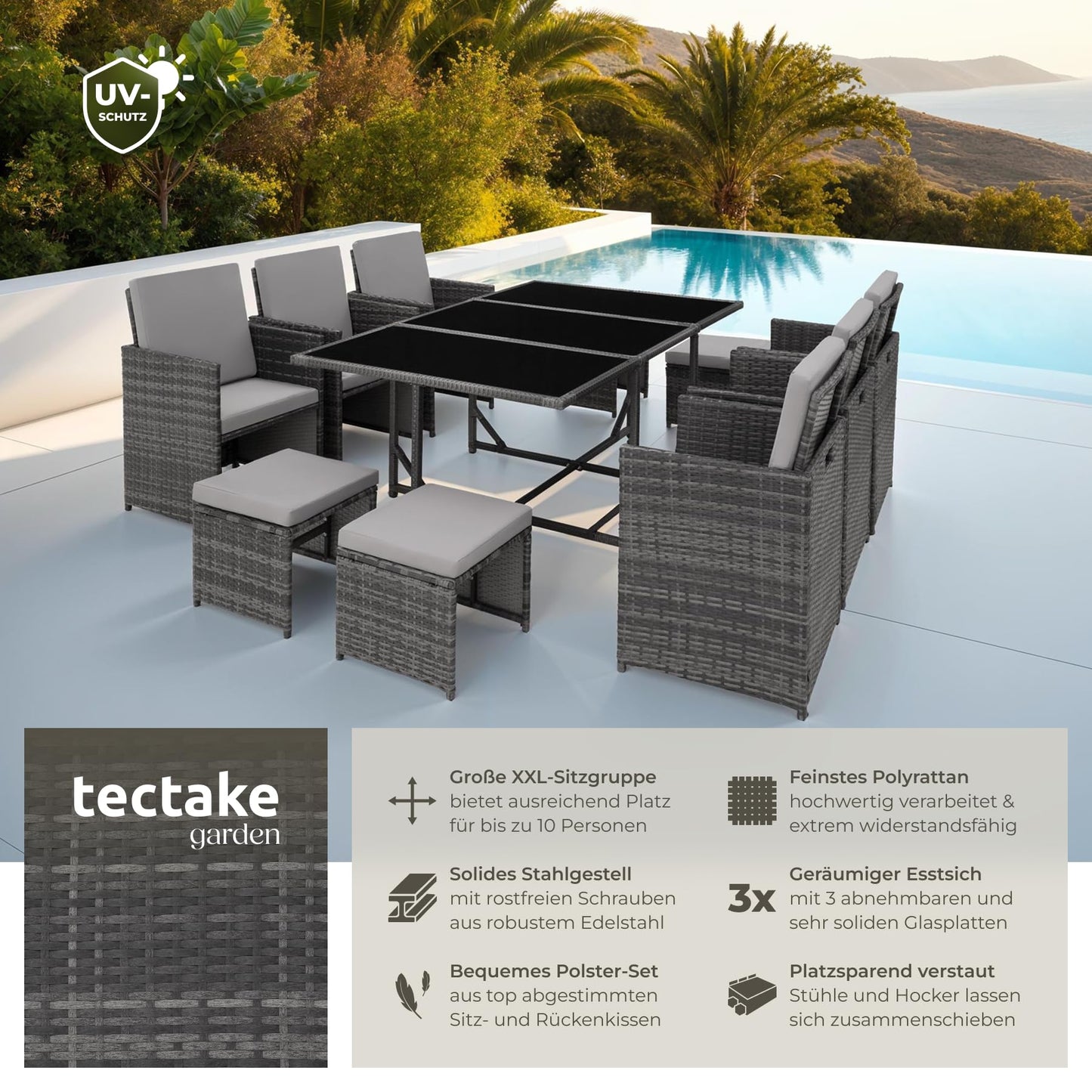 tectake® Outdoor Balkon Gartenmöbel Set, Lounge mit 6 Stühlen, 4 Hocker, 1 Tisch und Schutzhülle, Poly Rattan Geflecht, wetterfest, platzsparend - grau