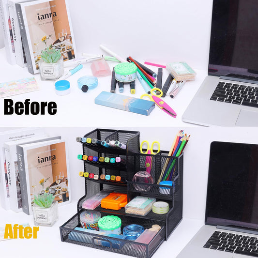 Vikmyer Mesh Schreibtisch-Organizer mit Schublade – Multifunktionaler Stifthalter in Schwarz für Büro, Schule & Zuhause (Größe S)