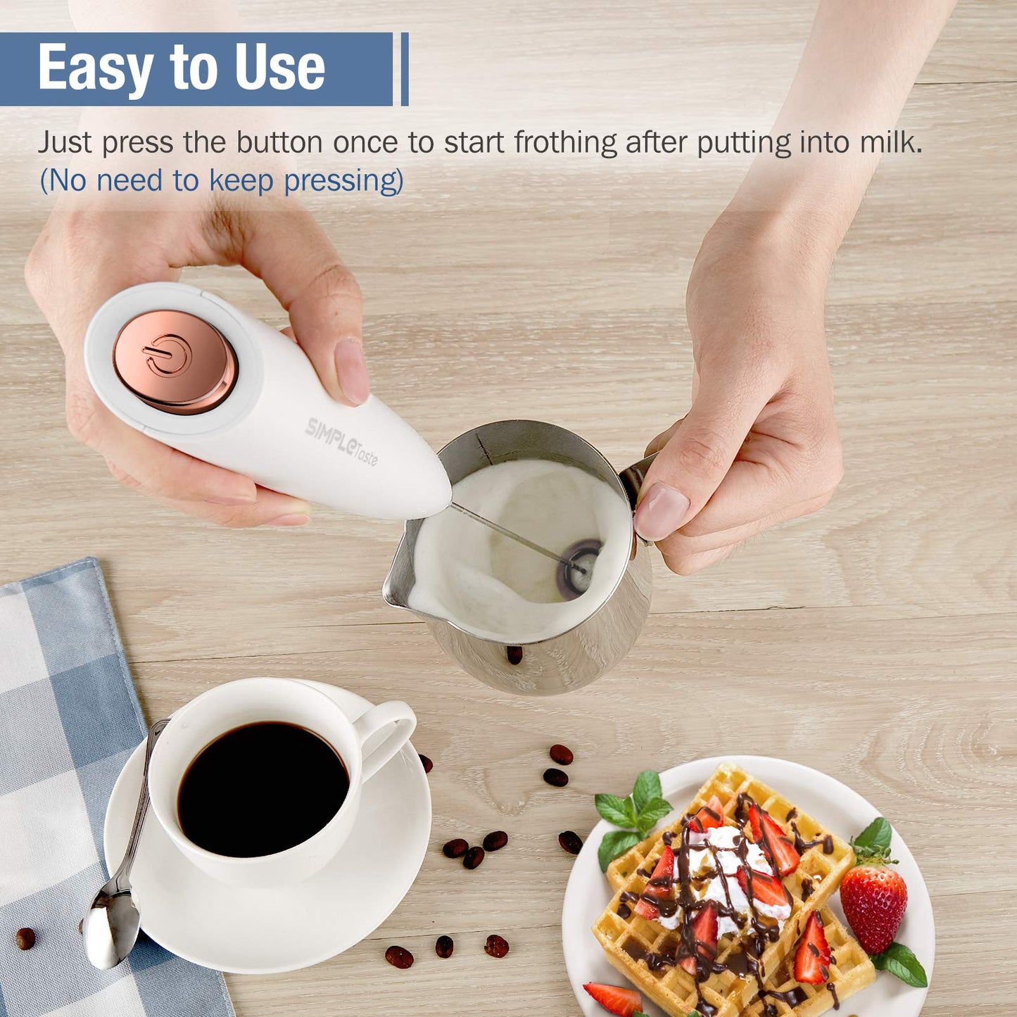 SIMPLETASTE Milchaufschäumer Handheld Batteriebetriebener Elektrischer Schaumbereiter, Getränkemixer mit Edelstahl-Schneebesen und Ständer für Cappuccino, Kugelsicherer Kaffee, Latte