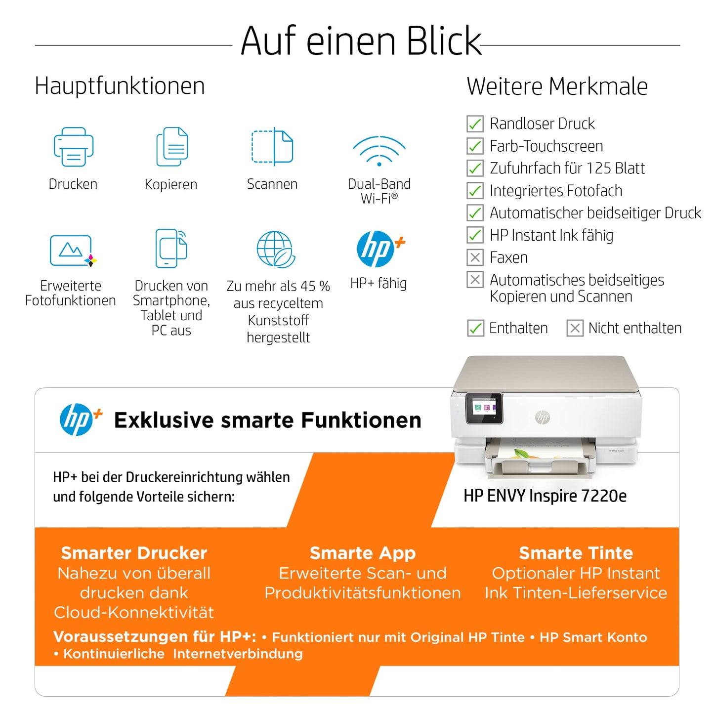 HP Envy Inspire 7220e Multifunktionsdrucker, Tintenstrahldrucker, 6 Monate gratis drucken mit HP Instant Ink inklusive, HP+, Drucken, Scannen, Kopieren, Fotodruck, DIN A4, WLAN, Airprint