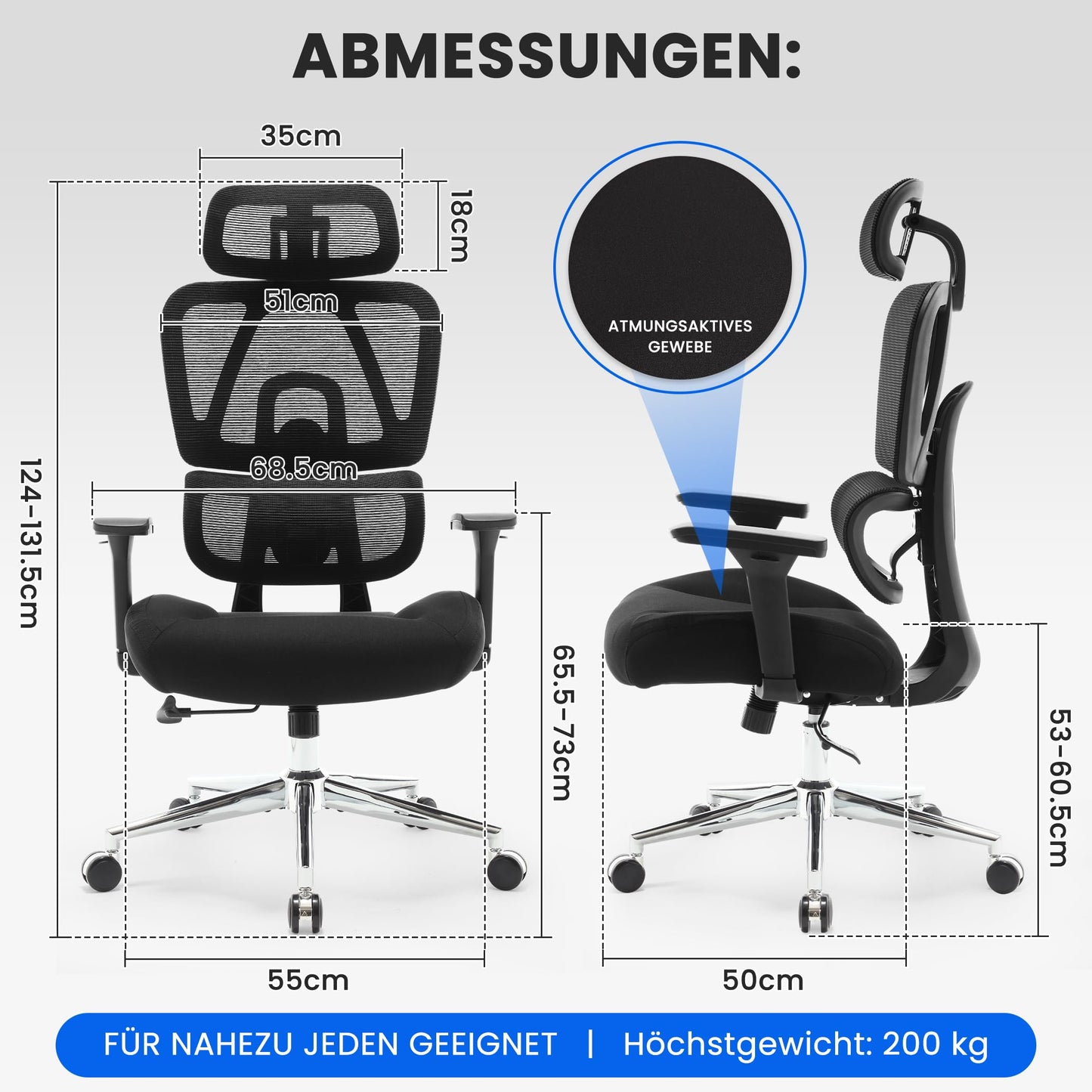 Fantasylab 3D Ergonomischer Bürostuhl 200KG Großer und hoher Bürostuhl mit 3D Weiches Kissen 4D Armlehnen Schreibtischstuhl Mesh Bürostuhl für Haus und Büro Atmungsaktiver Netz-Chefsessel