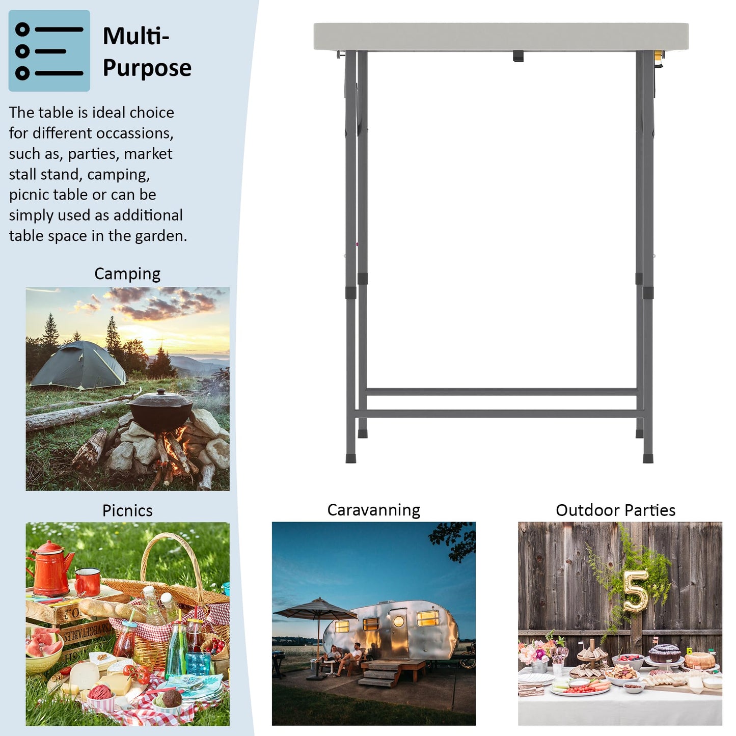 Home Vida Klapptisch, robust, extra stark, für Camping, Buffet, Hochzeit, Markt, Garten, Party, Kofferraum, Picknickbock, für drinnen und draußen, klappbarer Tragegriff