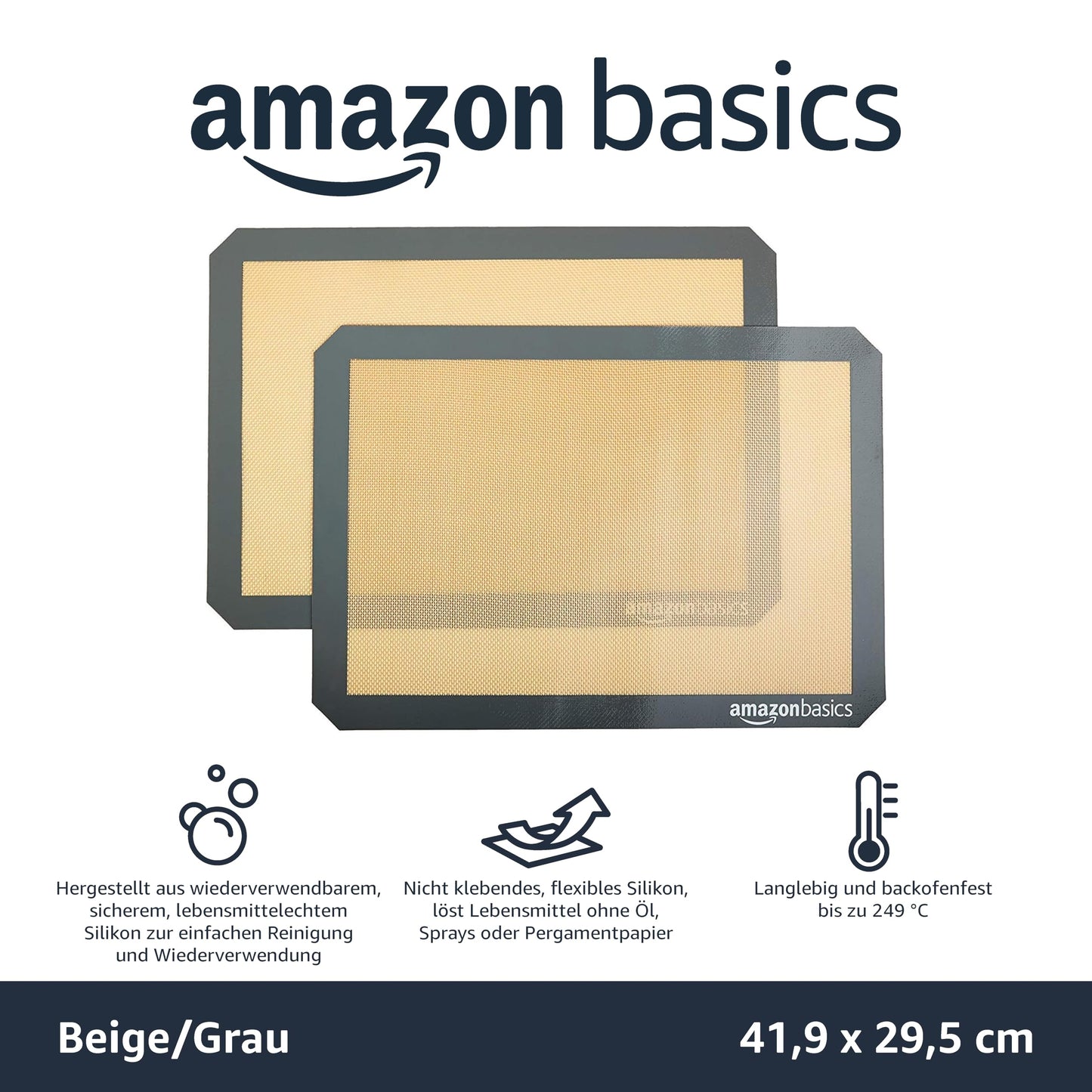 Amazon Basics Rechteckig Backmatte, Silikon, 2 Stück, 29.54 x 41.91 cm, Beige/Grau